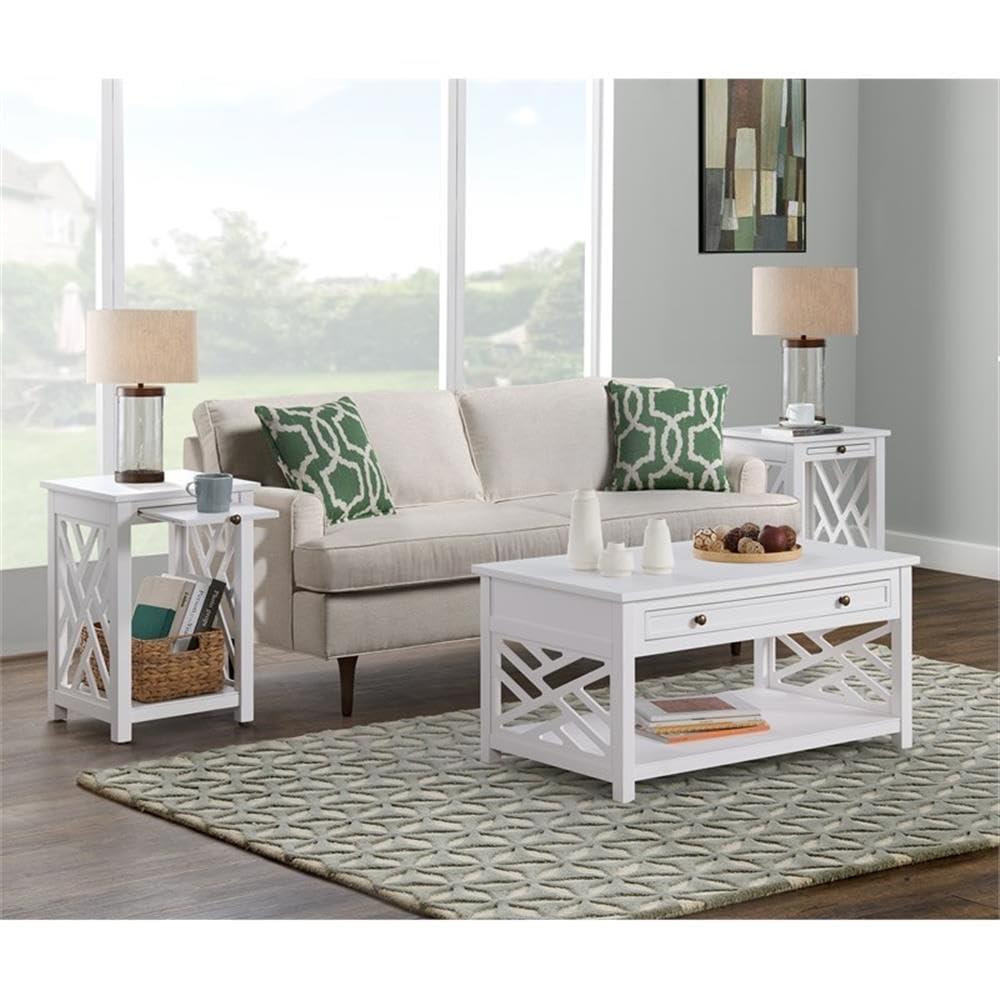 Alaterre Furniture 36" Middlebury Coffee Table with Drawer and 2 End Tables with Tray Shelf White: Mid-Century Modern, Wood Frame