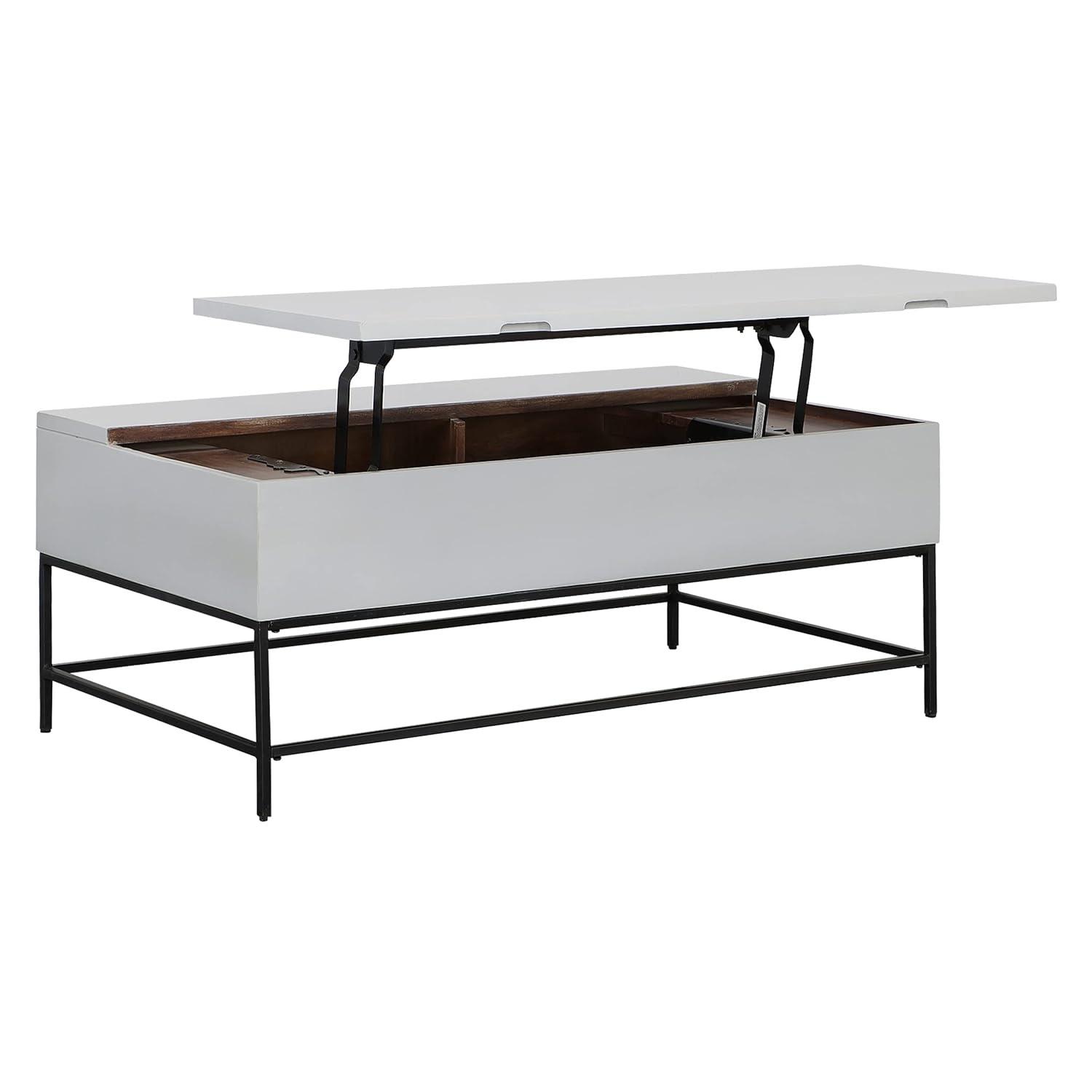 45 Inch Rectangular Mango Wood Coffee Table, Lift Top Storage, Iron Frame, White, Black 71911