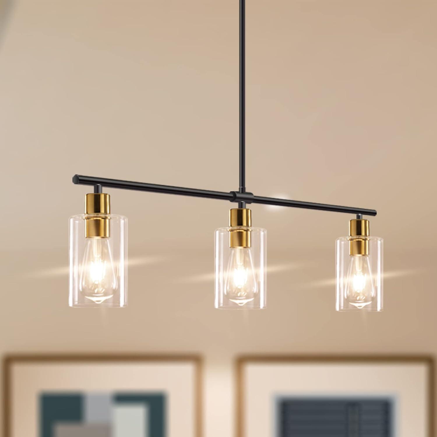 Black and Gold Linear Metal Chandelier with Clear Glass Shades