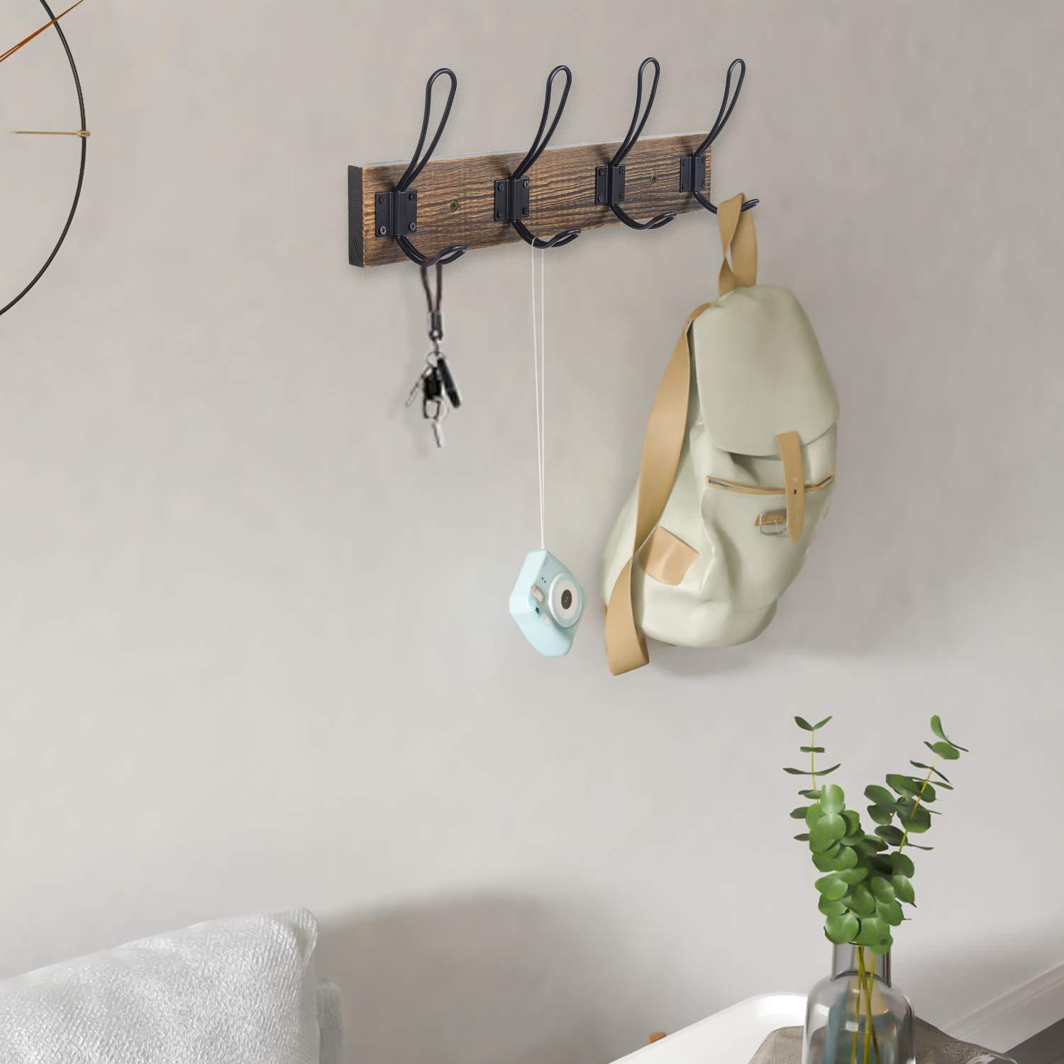 Solid Pine Wood Towel Rack Rustic Coat Rack Wall Mounted Coat Hook with 4 Farmhouse Hooks Rustic Towel Racks for Bathroom Entryway Kitchen Towel Coat Hat Purse Robes (Brown)