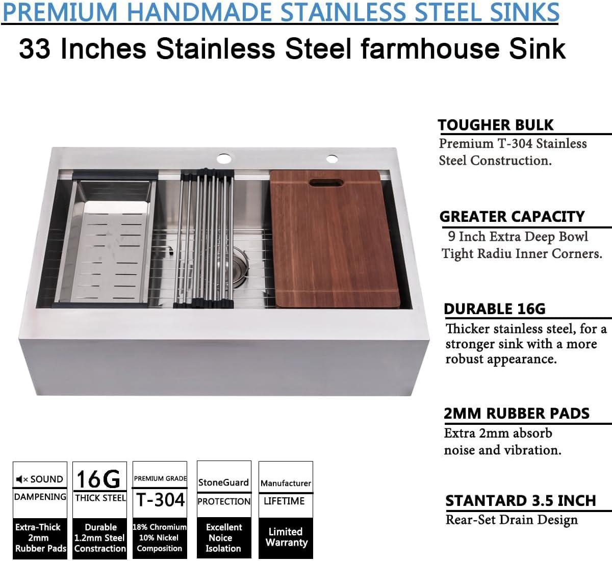 33-Inch Brushed Stainless Steel Farmhouse Drop-In Sink with Accessories