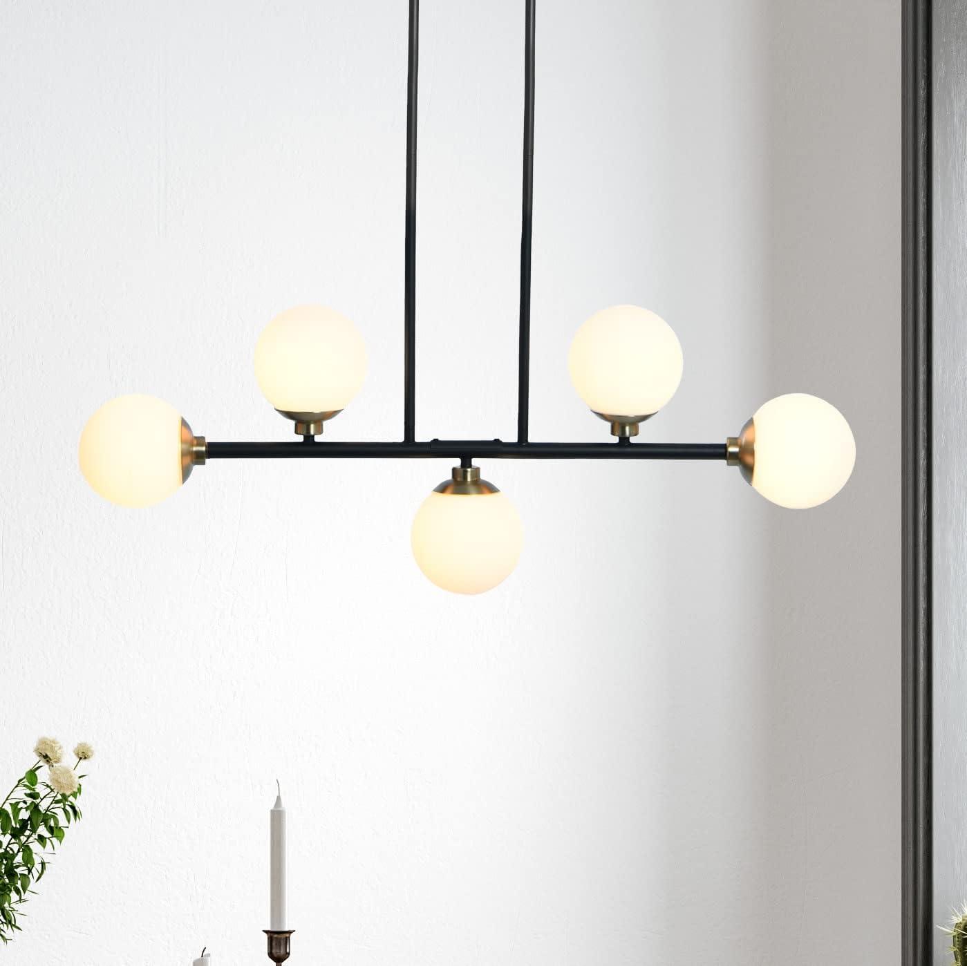 Matte Black Metal and Frosted Glass 5-Light Linear Chandelier