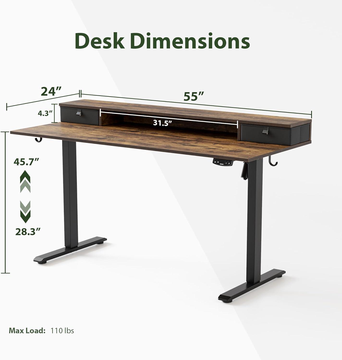 Rustic Brown Adjustable Height Standing Desk with Drawers and Shelf