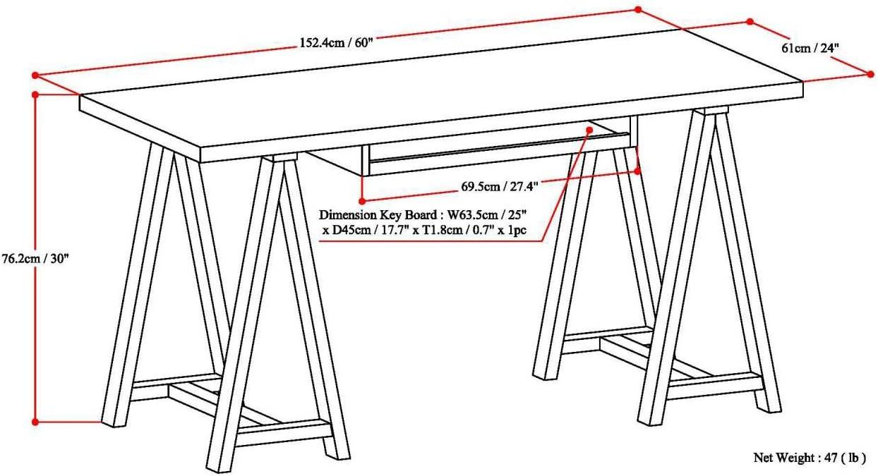 Sawhorse Solid Pine 60" Desk with Keyboard Tray in Medium Saddle Brown