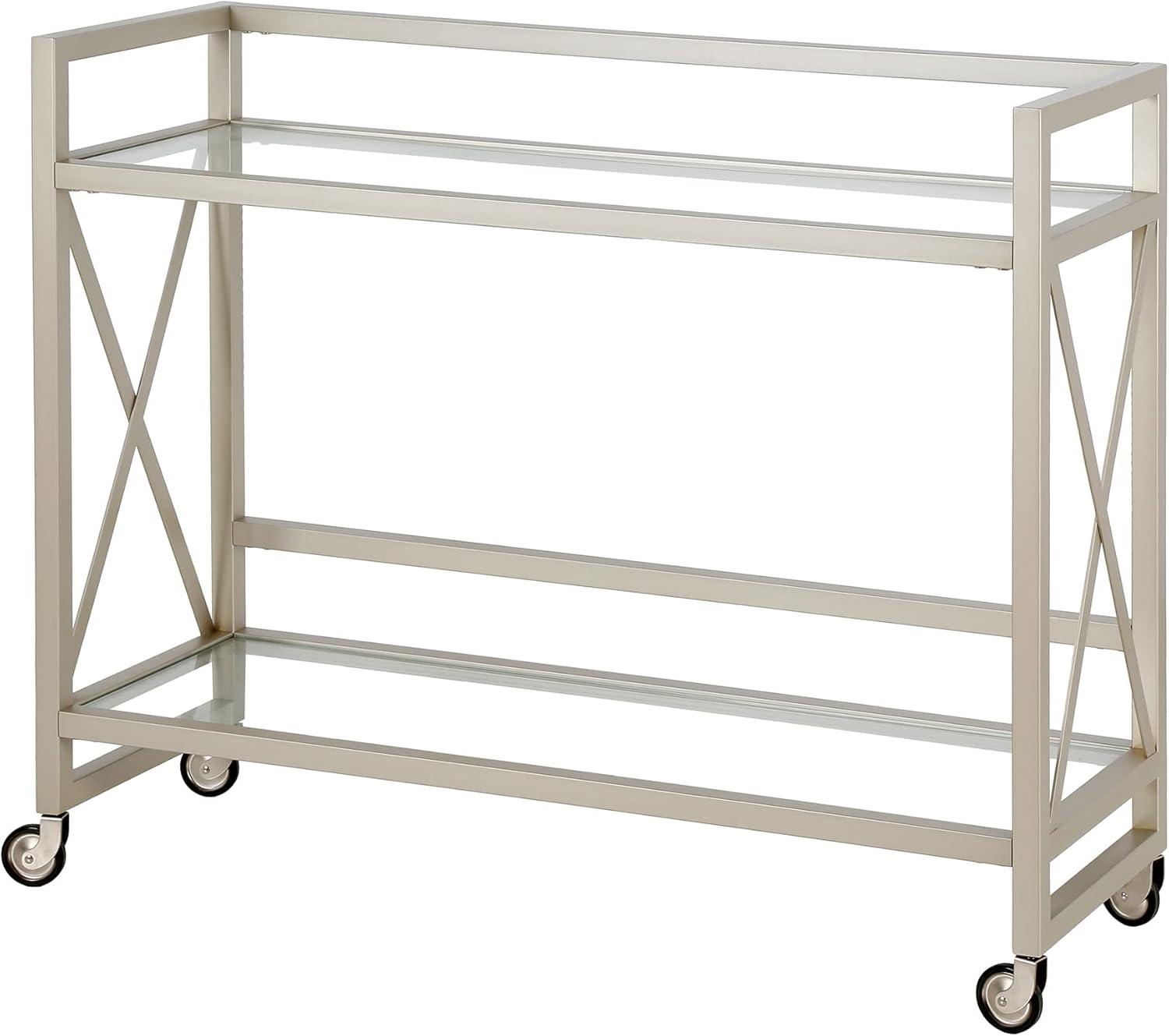 Contemporary Satin Nickel Rolling Bar Cart with Glass Shelves