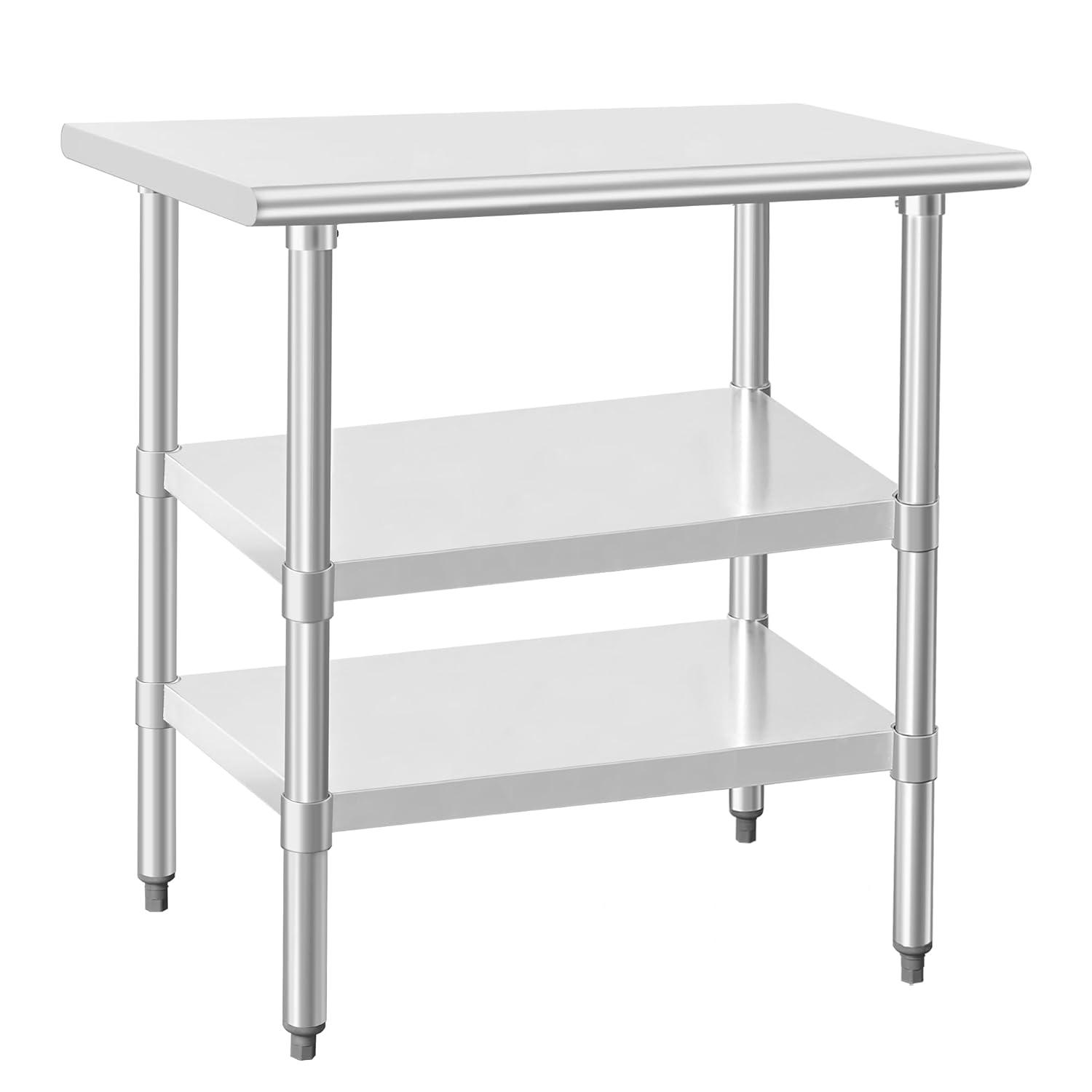 AmGood 30 in. x 24 in. Stainless Steel Table with Two Undershelves | Metal Utility Kitchen Prep Work Table | NSF