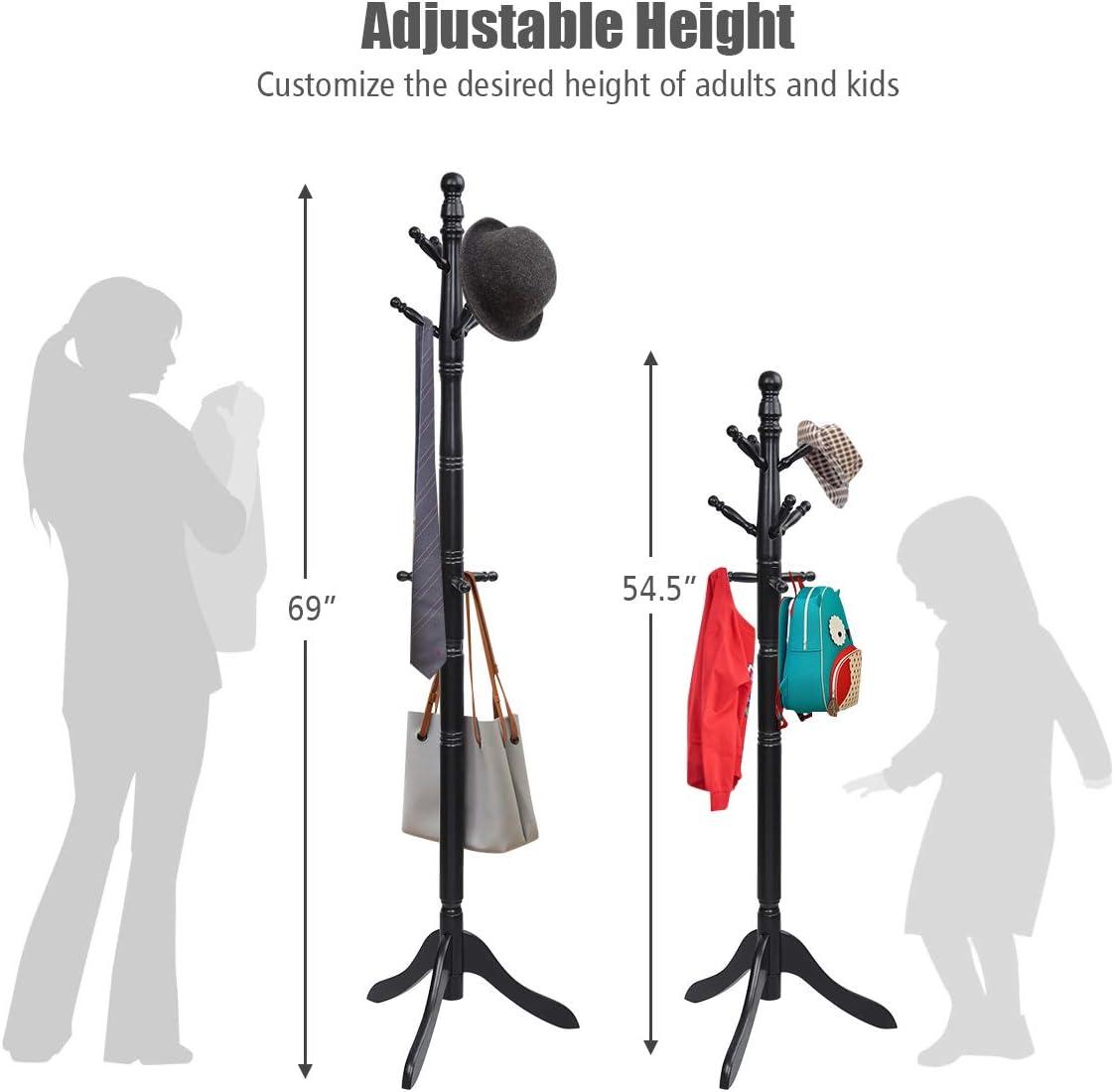 Wood Coat Rack Freestanding, Entryway Height Adjustable Coat Stand with 9 Hooks & Stable Tri-Legged Base, Rubber Wood Coat Tree Hall Tree Coat Hanger Stand for Home Office Hall Entryway, Black