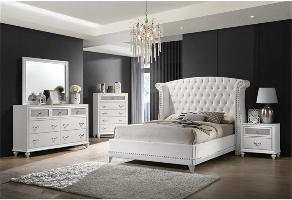 White Velvet and Leatherette California King 4-Piece Bedroom Set