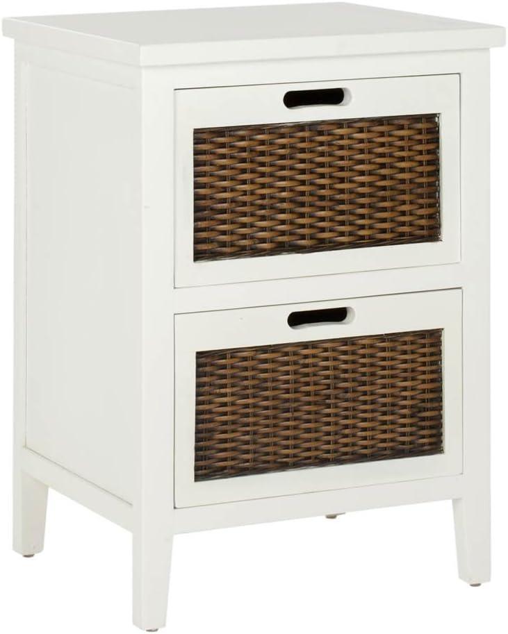 Transitional White Wood Rectangular End Table with Woven Drawer Fronts