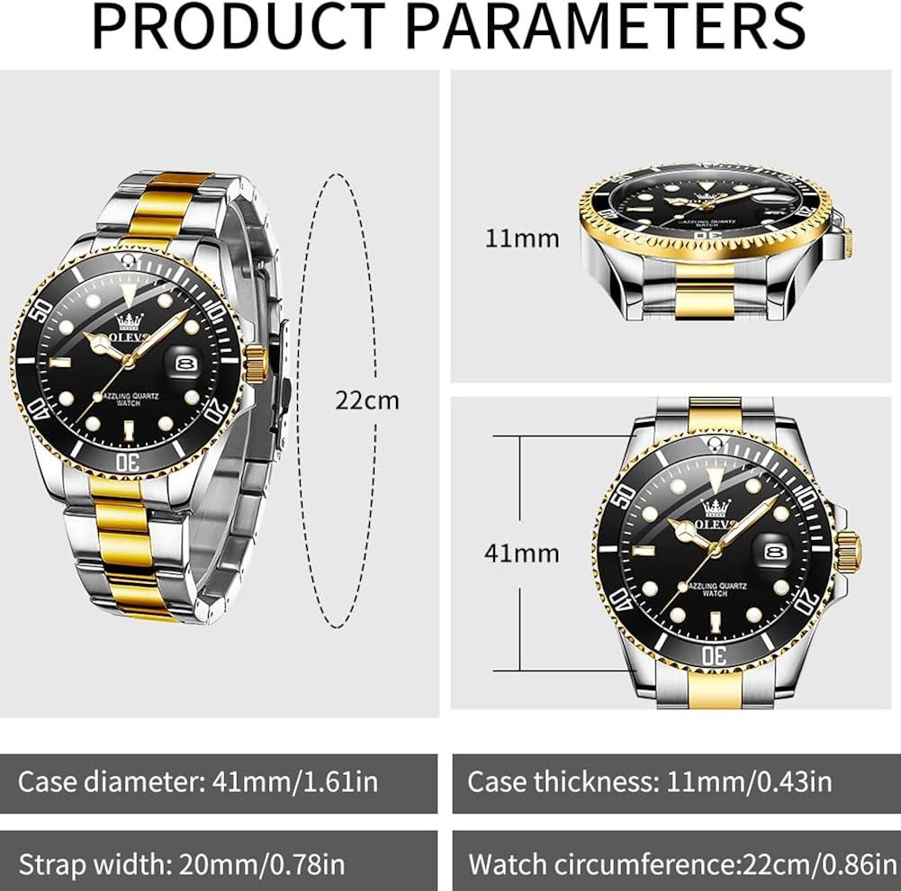 OLEVS Men Watch,Big Dial Watches for Men Stainless Steel Watch with Day Waterproof Analog Quartz Watches for Man Classic Business Wristwatch Luxury Luminous Round for Men Rotatable Bezel Watch