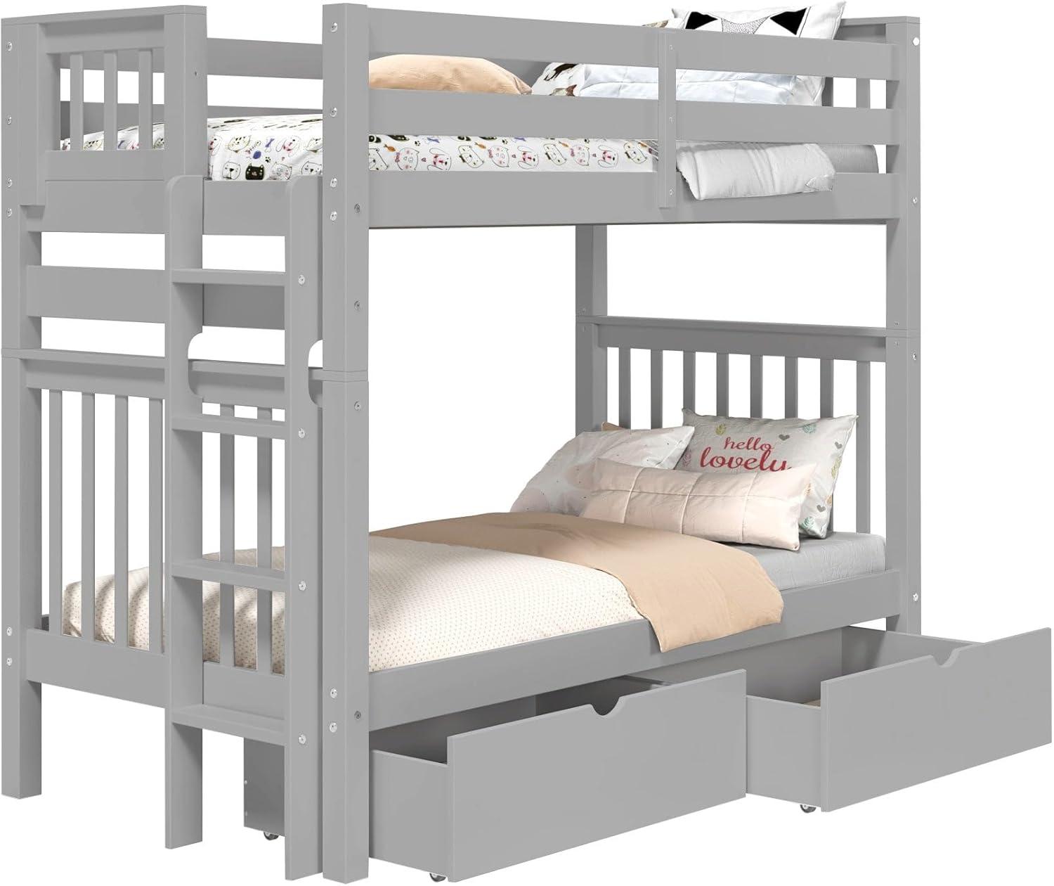 Bedz King Tall Bunk Beds Twin over Twin Mission Style with End Ladder and 2 Under Bed Drawers, Gray