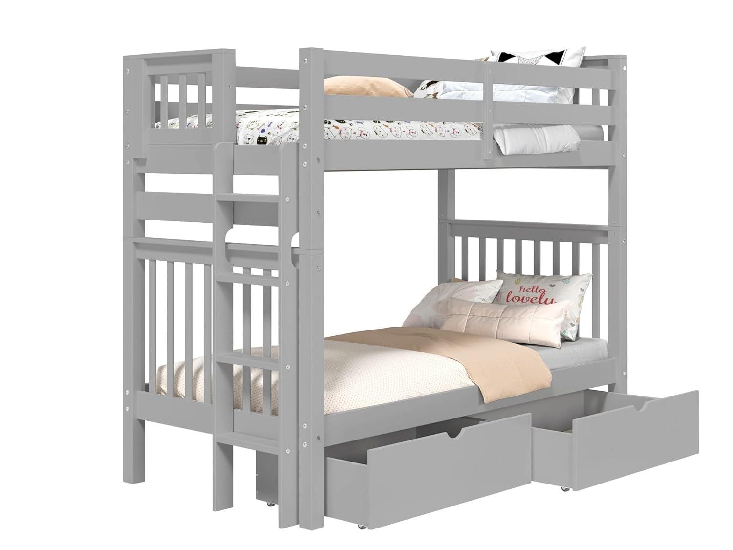 Bedz King Tall Bunk Beds Twin over Twin Mission Style with End Ladder and 2 Under Bed Drawers, Gray