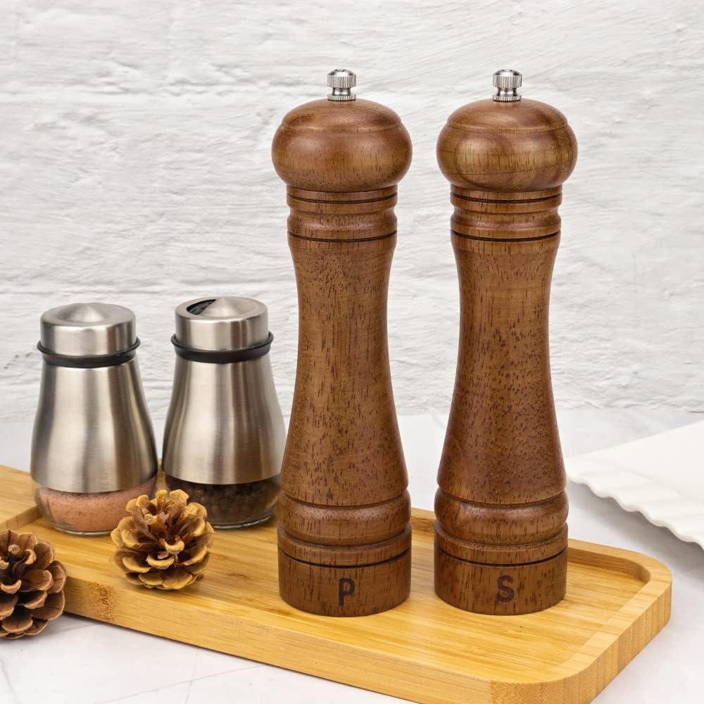 XQXQ Wood Salt and Pepper Mill Set, Pepper Grinders, Salt Shakers with Adjustable Ceramic Rotor- 8 inches -Pack of 2