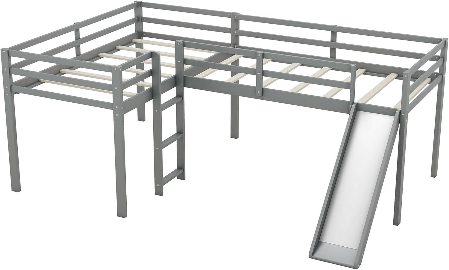 Harper & Bright Designs L-Shaped Loft Bed with Slide, Wooden Low Loft Beds for 2 Kids, Twin Size Low Loft Bed with Built-in Ladders, Gray
