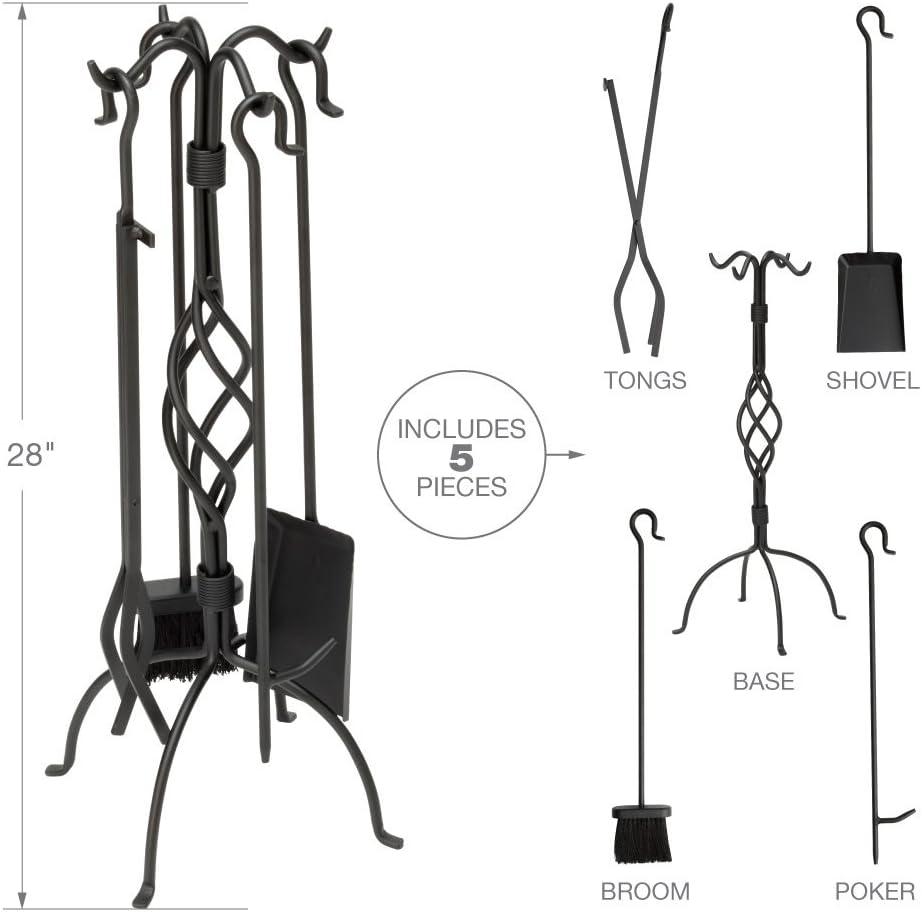 Uniflame 5 Piece Black Wrought Iron Fireplace Tools Set with Center Weave