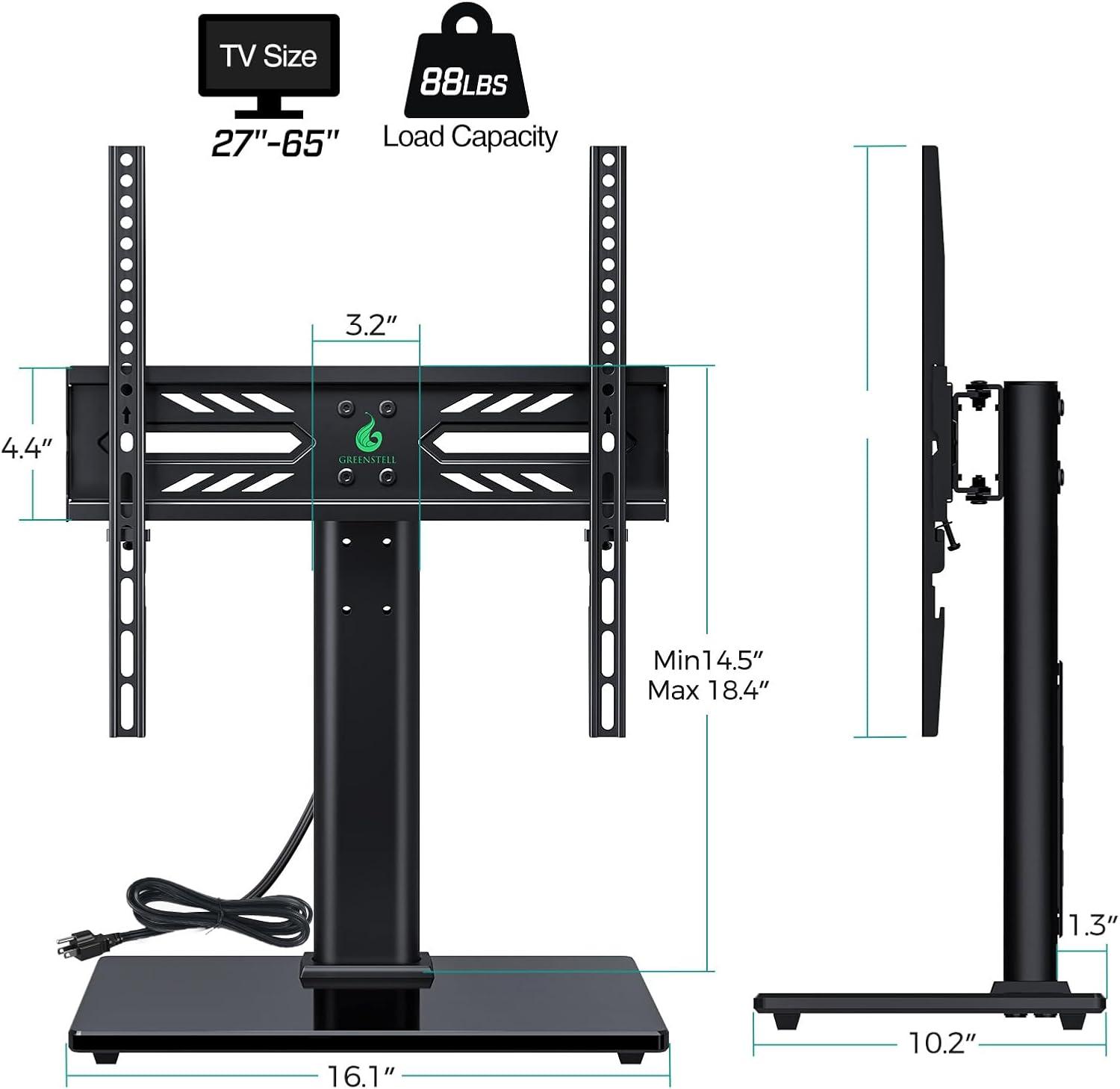Greenstell TV Stand with Power Outlet, Universal TV Mount Stand for 27-65 inch TVs, Height Adjustable, Swivel Table Top TV Stand with Tempered Glass Base, Holds up to 88 LBs, Max VESA 400x400mm