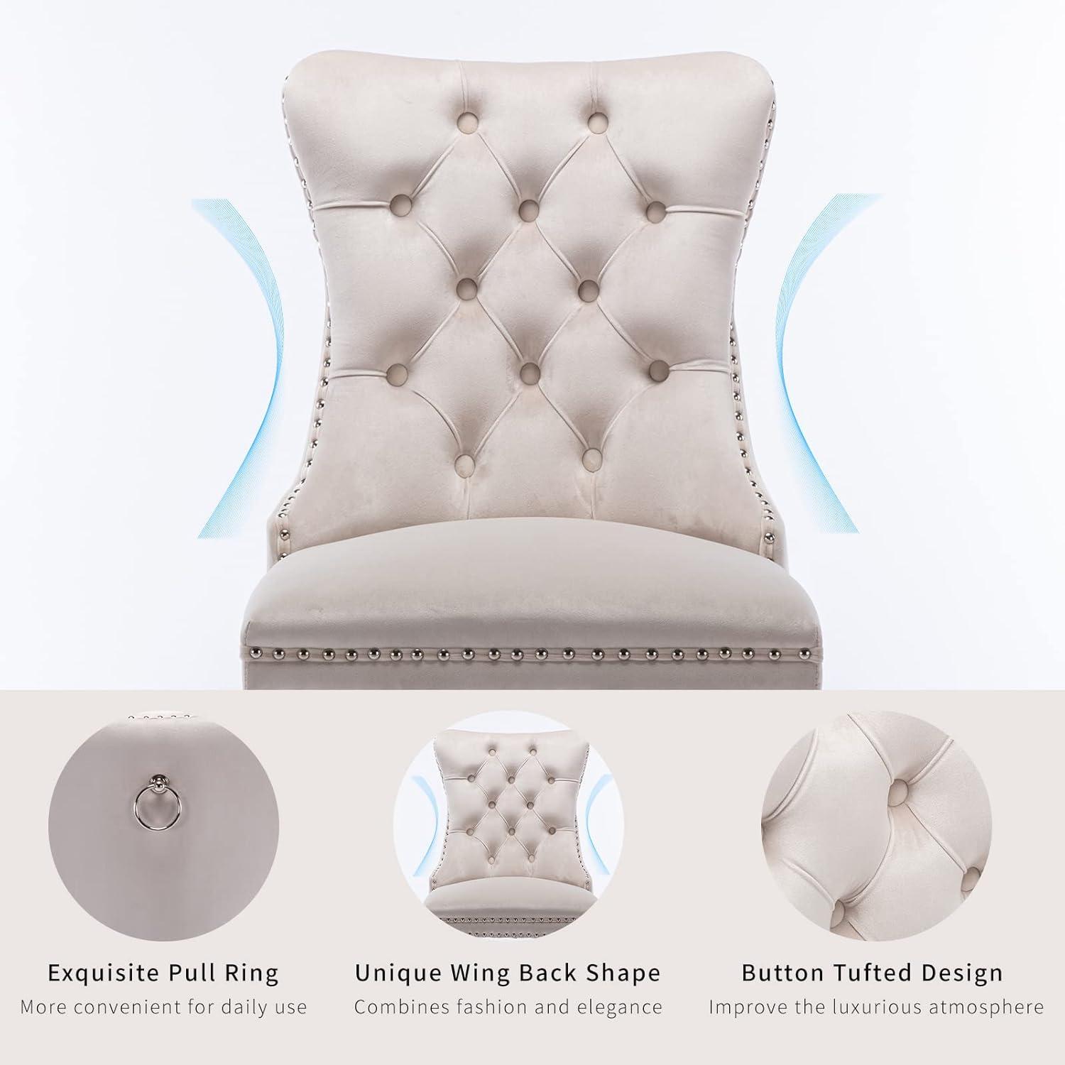 SoarFlash Velvet Dining Chairs Set of 4, Tall Back Side Chair, Modern Upholstered High-end Tufted Side Chair with Button Back Ring, Solid Wood Legs (Beige)