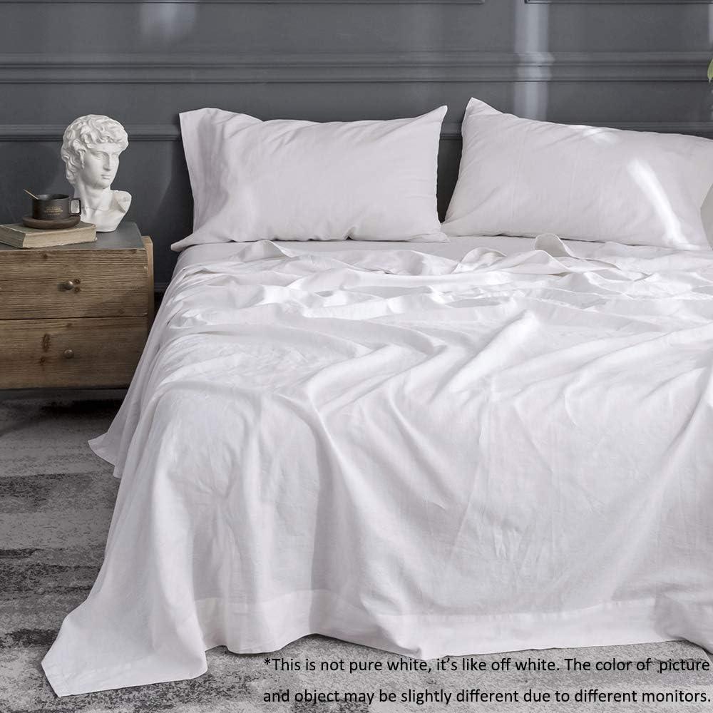 Simple&Opulence Belgian Linen Sheet Set Solid Color - 4 Pieces (1 Flat Sheet, 1 Fitted Sheet & 2 Pillowcases) Natural Flax Cotton Blend Soft Breathable Farmhouse Bedding - Full Size, White