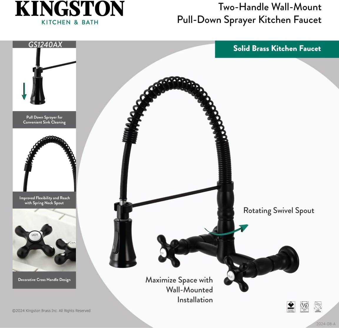 Kingston Brass Heritage Double-Handle 2-Hole Wall-Mount Pre-Rinse Bridge Kitchen Faucet