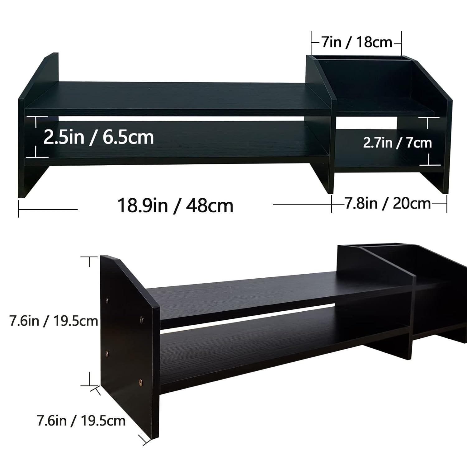 Computer Monitor Riser, 2 Tier Wooden Stand With Two Layer Storage Rack, Black Desktop Organizer for PC/Laptop, Home & Office