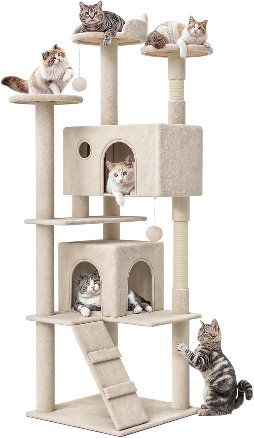 MoNiBloom Cat Tree Houses for Indoors, Multi-Level Cat Tree Tower, 70" Height（Beige）