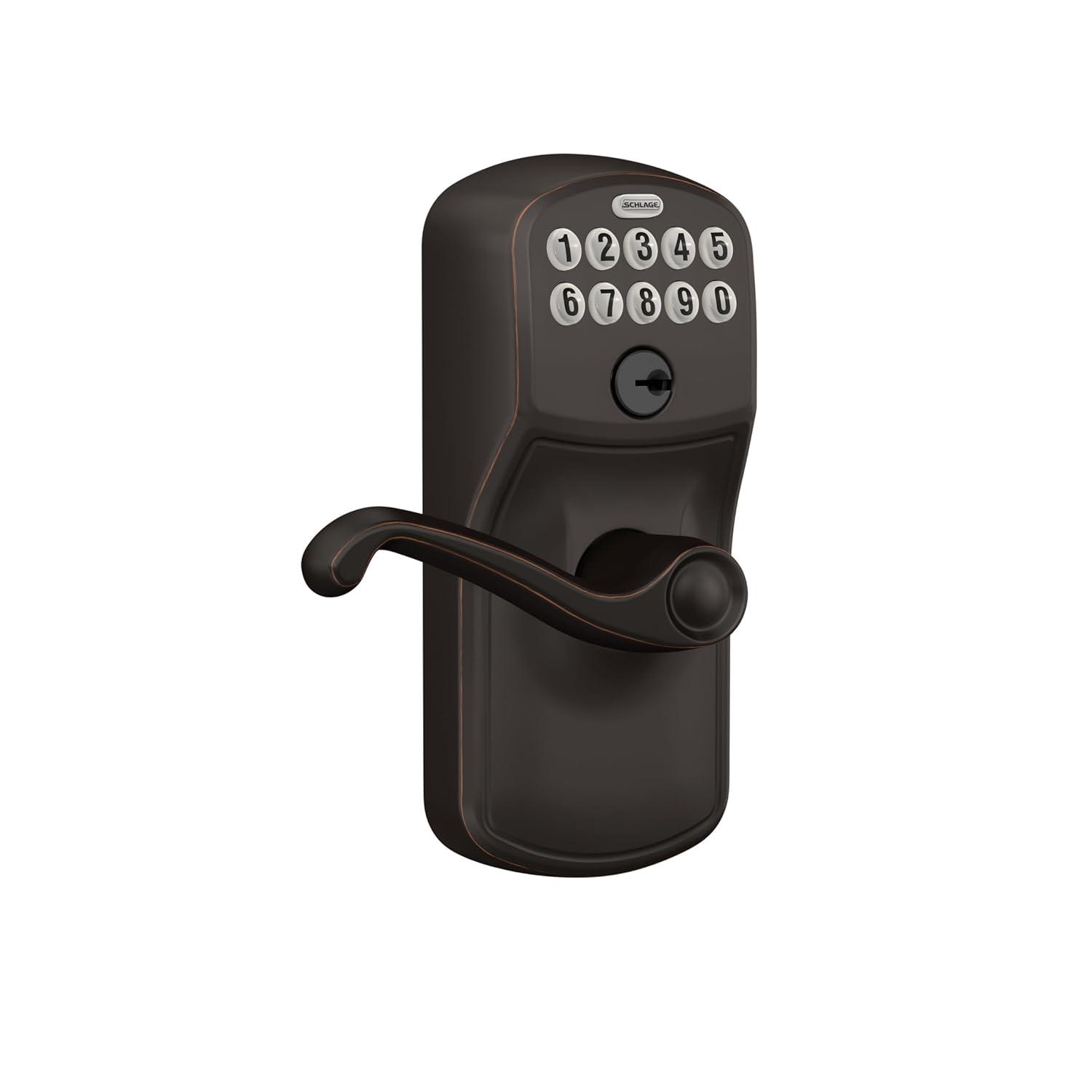 SCHLAGE FE595 PLY 716 FLA Plymouth Keypad Entry with Flex-Lock and Flair Style Levers, Aged Bronze