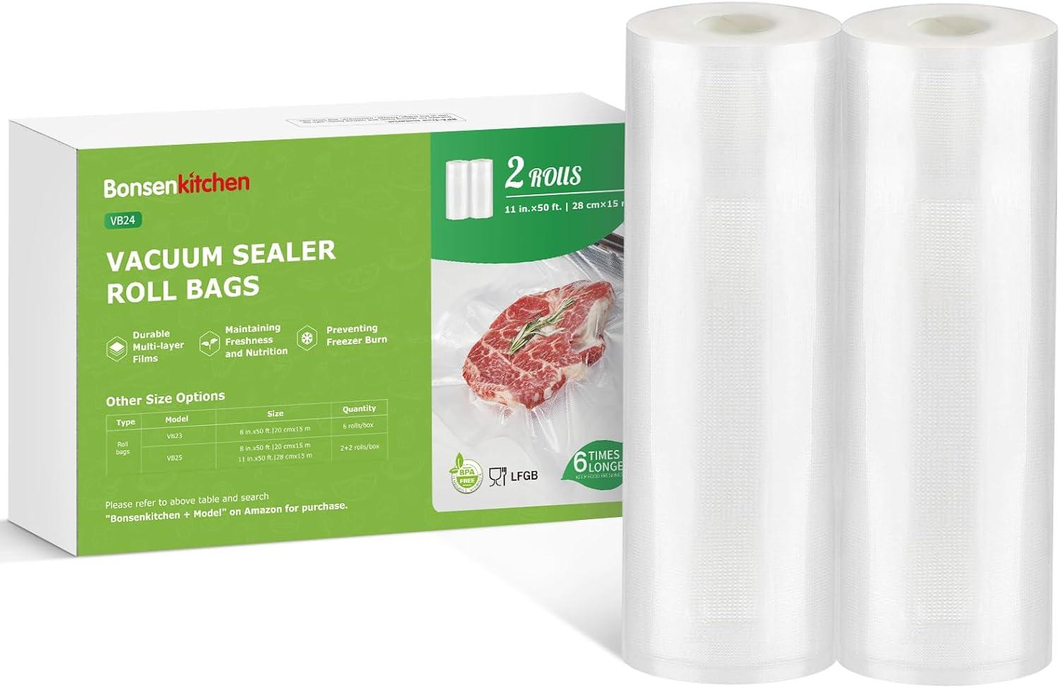 Bonsenkitchen Vacuum Sealer Bags, 11 in x 50 ft Rolls 2 Pack, BPA Free, Commercial Grade Textured Food Roll Bags, Customized Size, Sous Vide Cooking