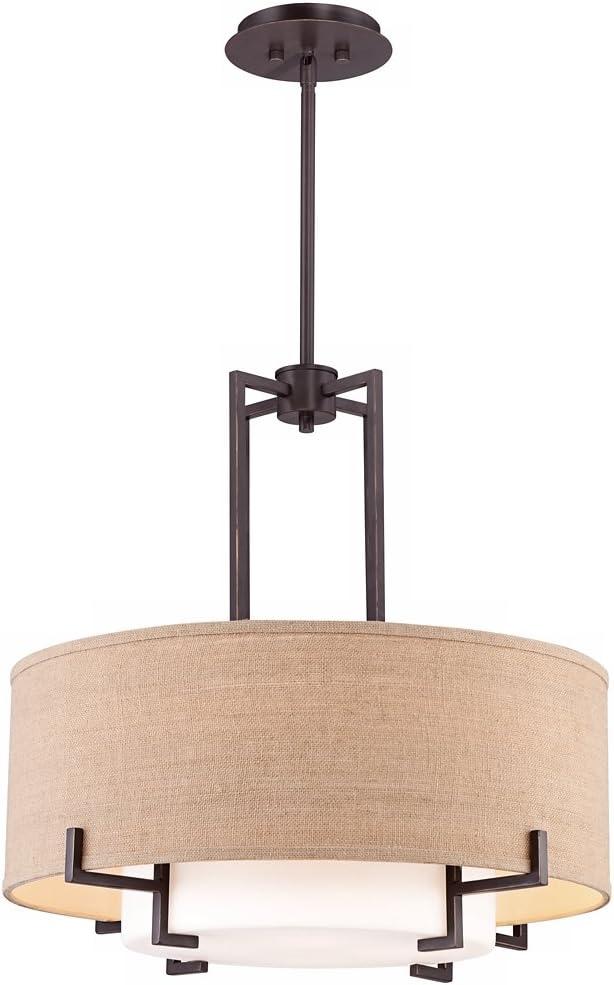 Possini Euro Design Concentric Bronze Pendant Chandelier 25" Wide Farmhouse Rustic Burlap Drum Shade 4-Light Fixture for Dining Room Kitchen Island