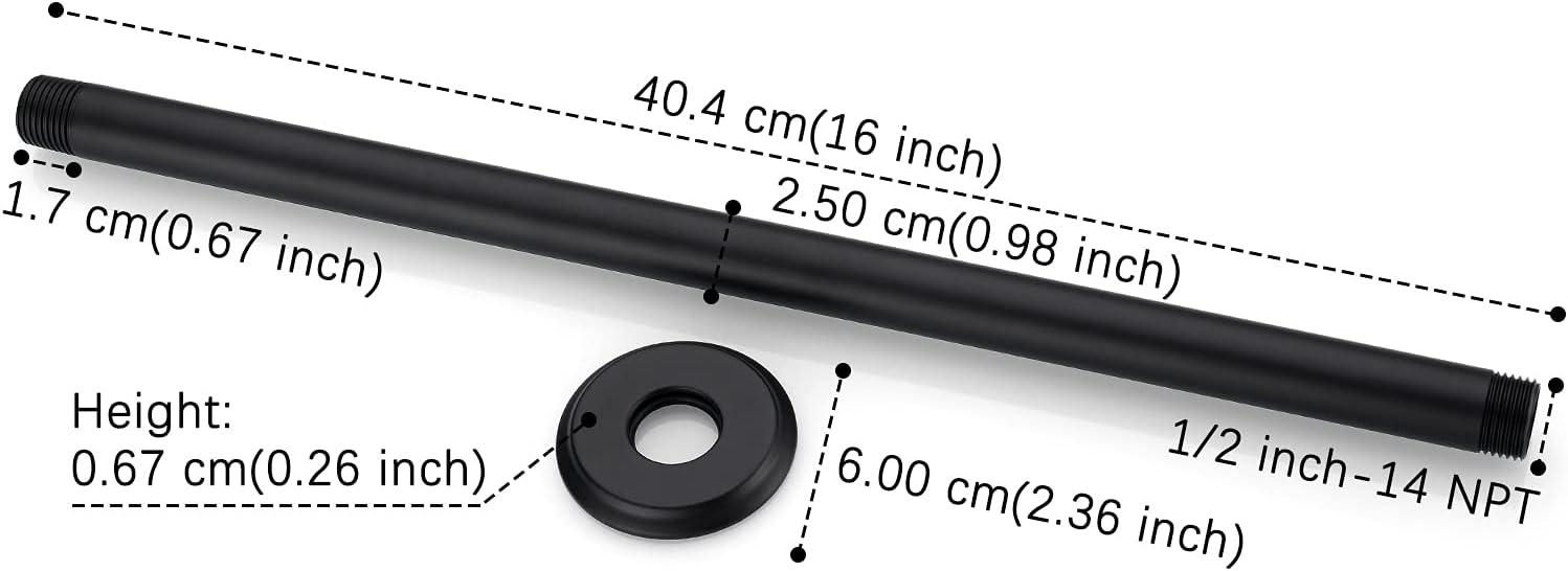 16-Inch Matte Black Stainless Steel Ceiling Mounted Shower Arm