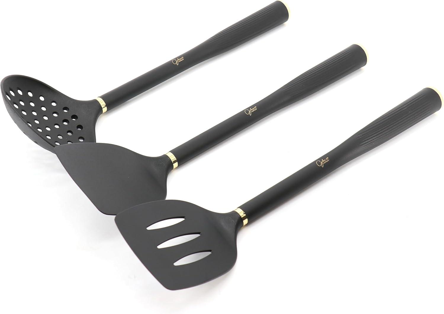 Gibson Home Hampsbridge 10 Piece Nylon Kitchen Tool Set and Utensil Crock in Black and Gold