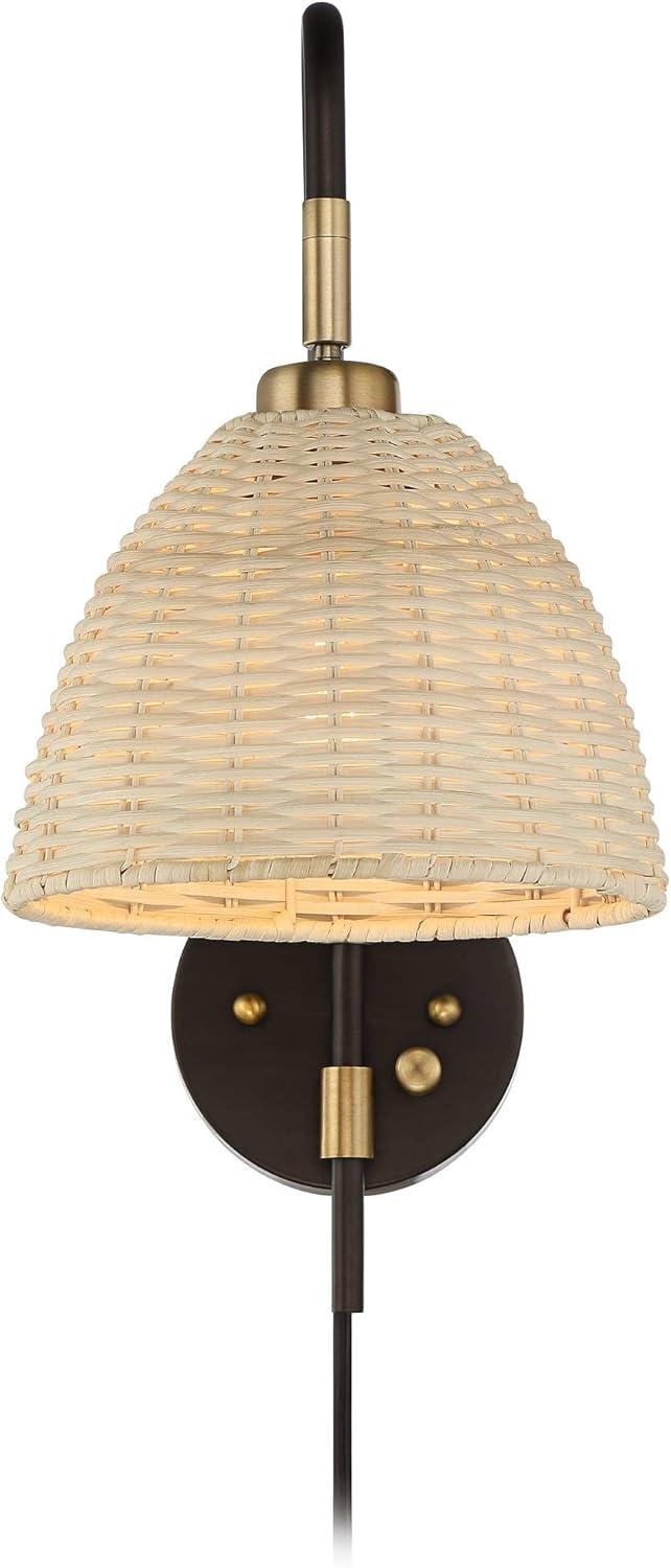 Coastal Swing Arm Adjustable Wall Lamp in Deep Bronze and Brass with Rattan Shade