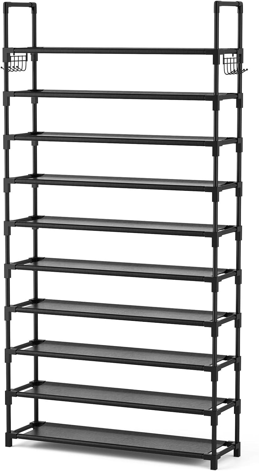 Black 10-Tier Metal and Fabric Shoe Rack with Hooks