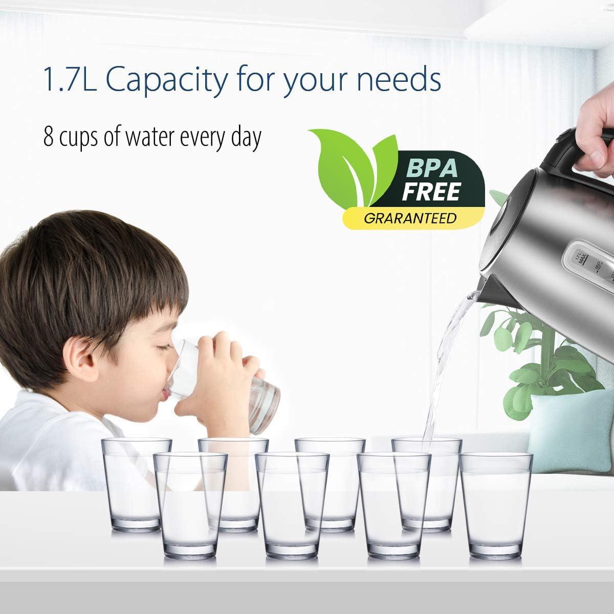Stainless Steel Electric Kettle, 1.7 Liter Tea Kettle Electric & Hot Water Kettle, 1500W Fast Boil with LED Light, Auto Shut-Off and Boil-Dry Protection