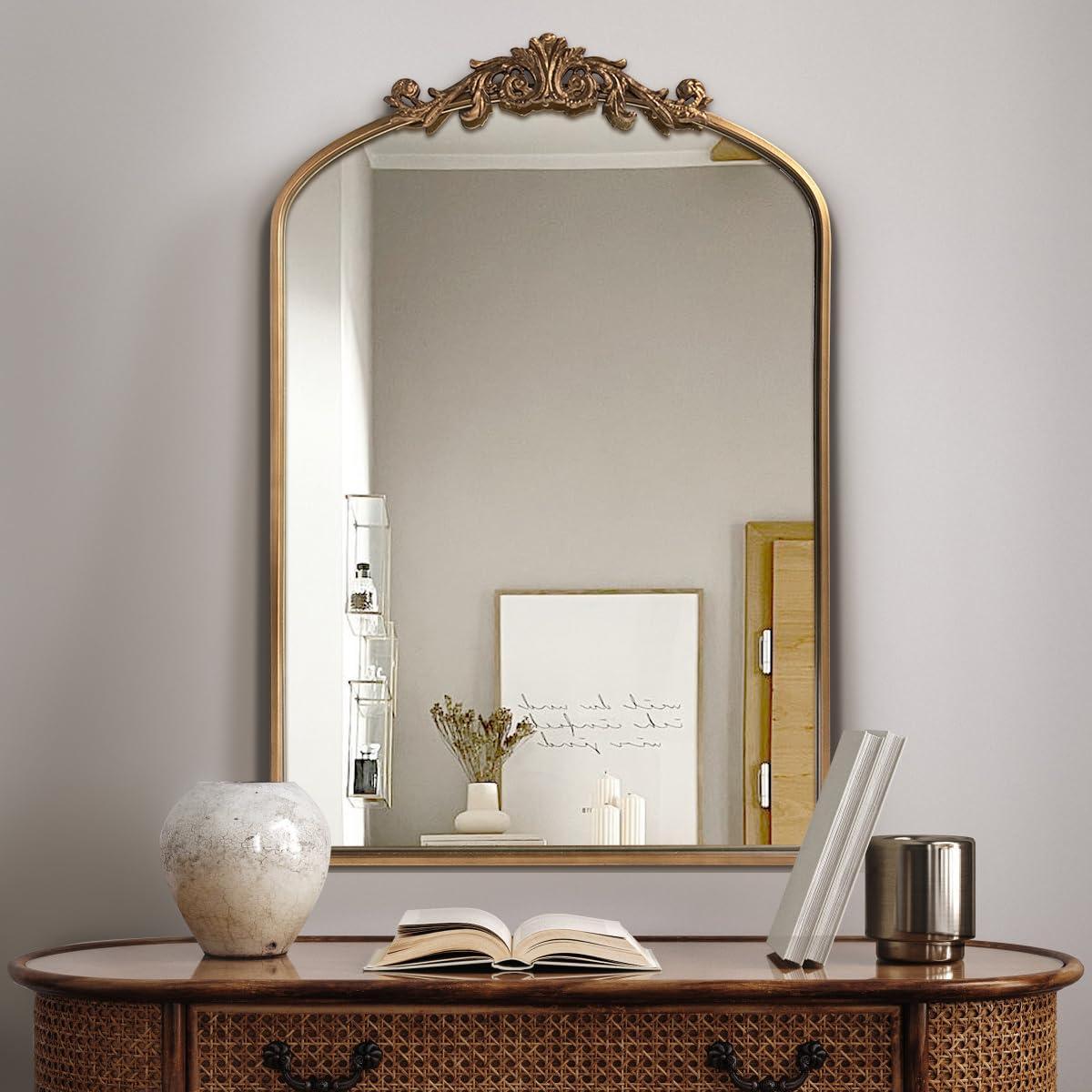 BohoBliss 24"X36" Gold Vintage Mirror for Wall, Antique Arch Mirror, Victorian Ornate Baroque Mirror for Wall, Mantel, Fireplace, Living Room, Hallway, Bathroom, Bedroom, Entryway