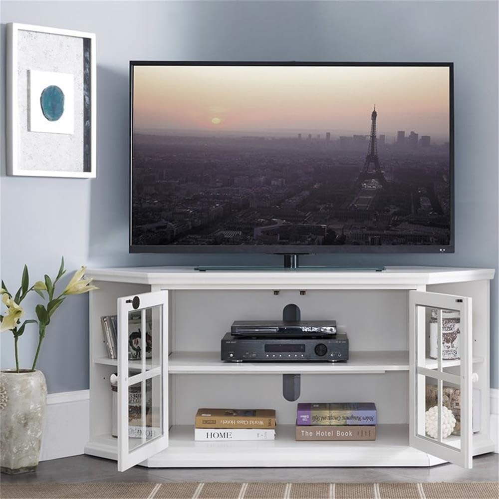 Leick Home 85387 Corner TV Stand with Bookshelf Storage For 60" TV's, Cottage White