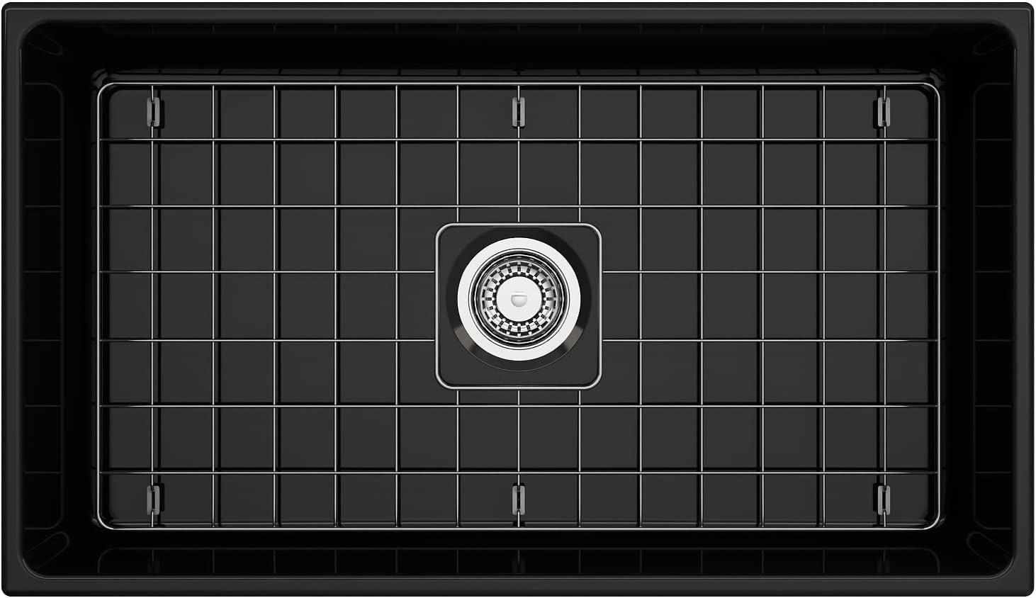 BOCCHI Contempo Farmhouse Apron Front Fireclay 33 in. Single Bowl Kitchen Sink with Protective Bottom Grid and Strainer in Matte Gray