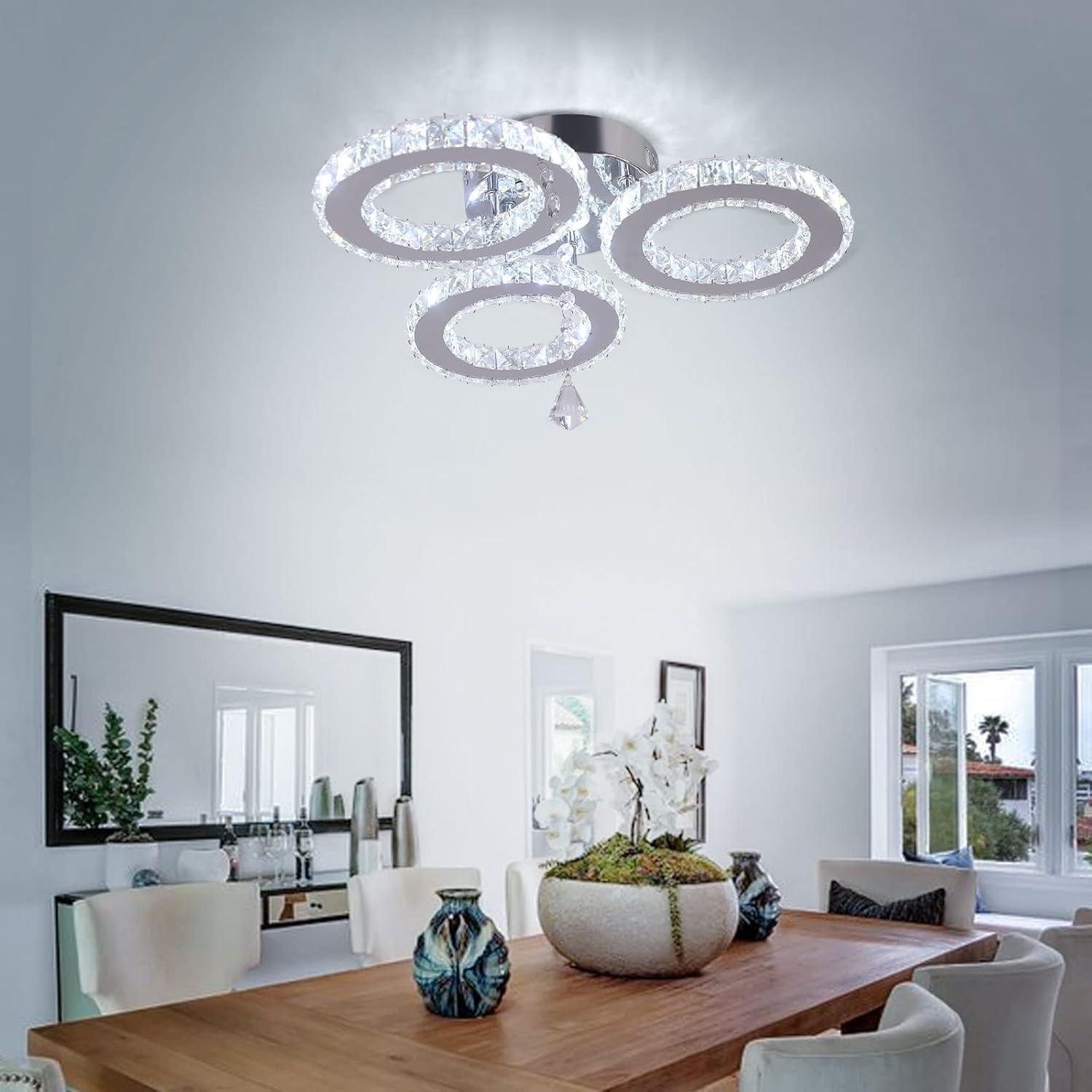 LED Crystal Pendant Ceiling Light 13x3.5 Inches 3 Rings Crystal Chandelier Flush Mount Lighting Fixture for Bedroom Hobby Living Room (Cool White)