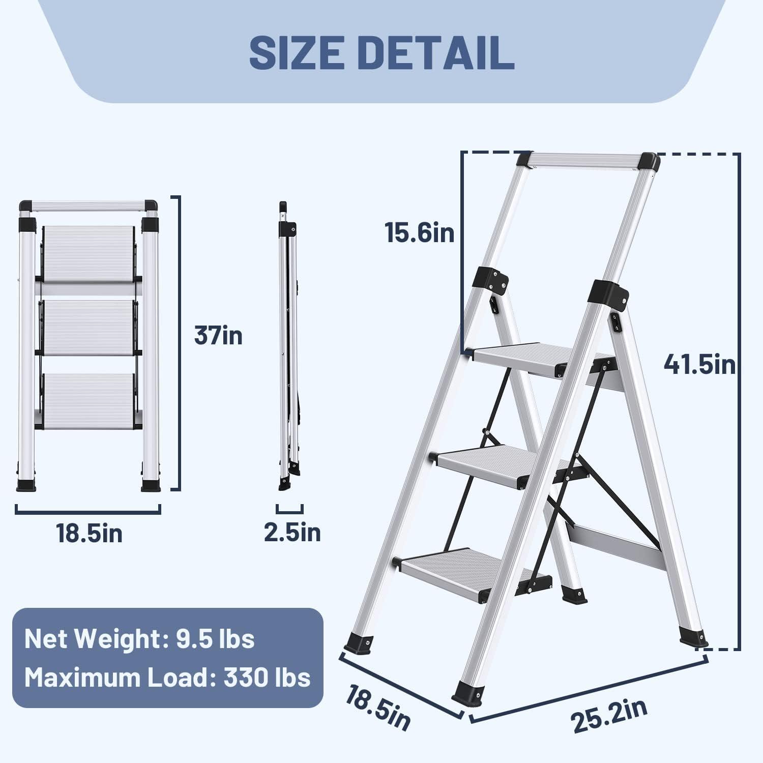 XinSunho 3 Step Ladder, Retractable Handgrip Folding Step Stool Ladders with Anti-Slip Wide Pedal, Aluminum 3 Steps, 330lbs Safety Household Ladder