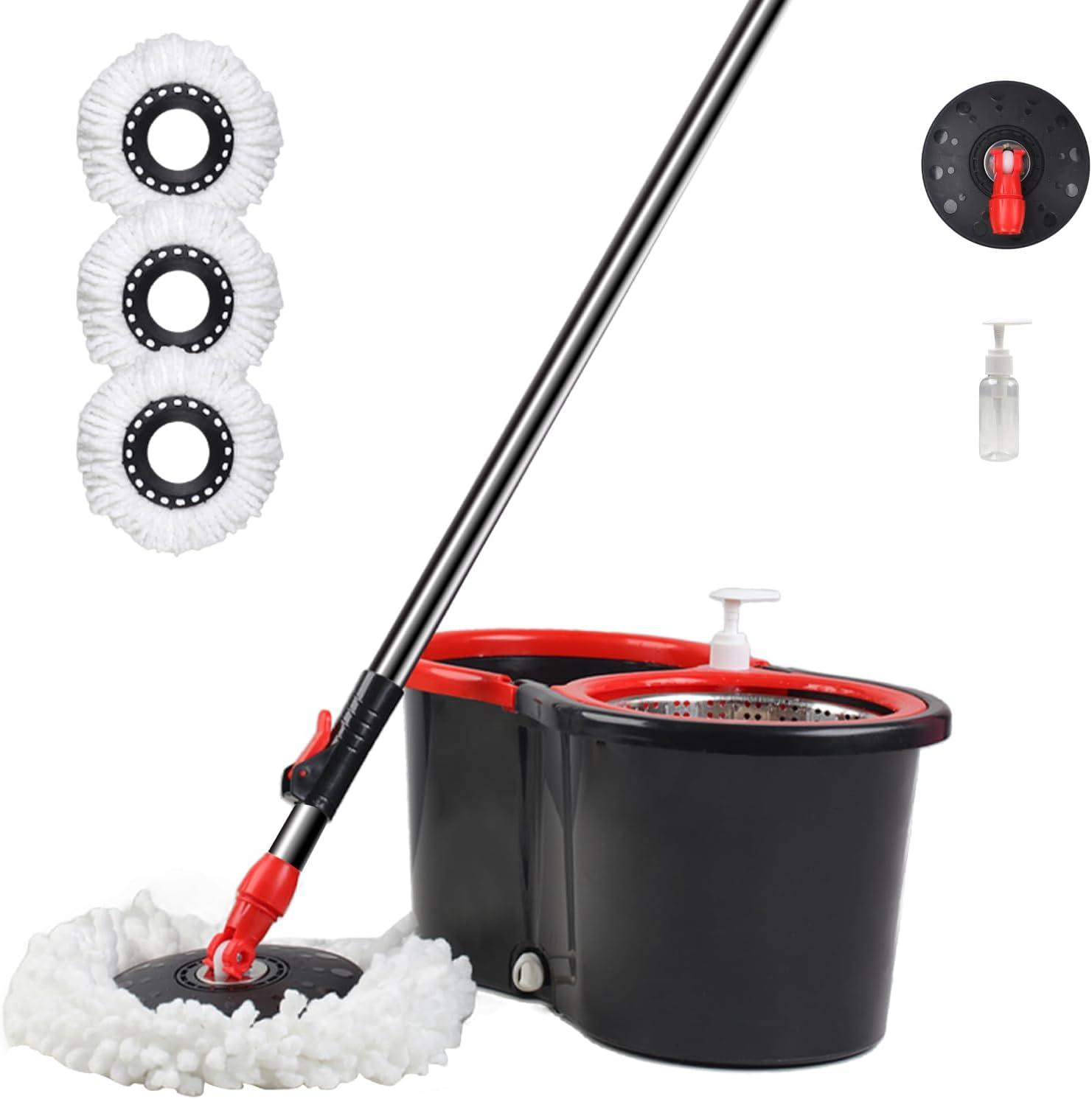 Spin Mop and Bucket Set, 360° Spin Mop and Bucket with Wringer Set and 3 Microfiber Mop Replacement Heads Refills, 61" Stainless Steel Extended Handle Spinning Mop Bucket System for Floor Cleaning