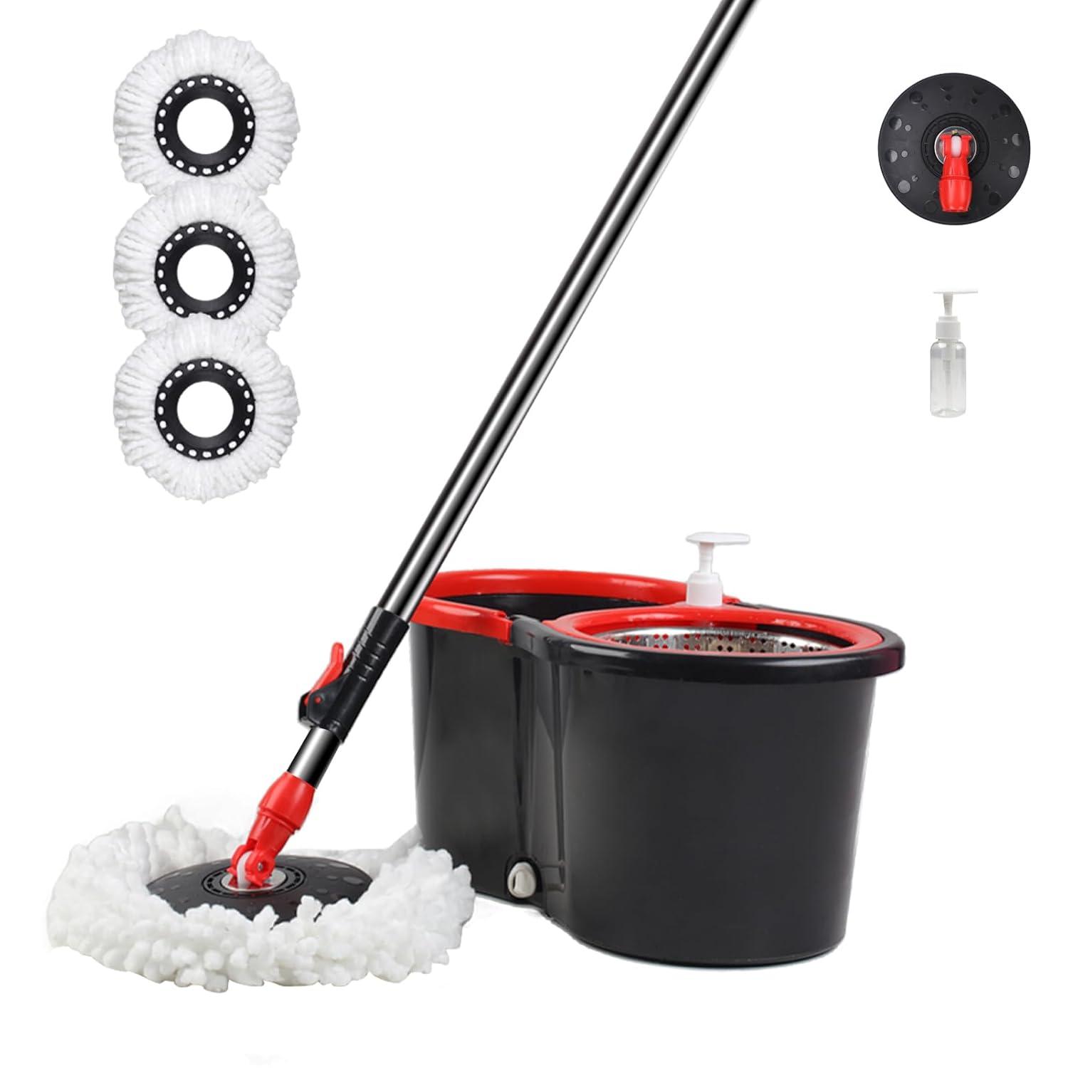 Spin Mop and Bucket Set, 360° Spin Mop and Bucket with Wringer Set and 3 Microfiber Mop Replacement Heads Refills, 61" Stainless Steel Extended Handle Spinning Mop Bucket System for Floor Cleaning