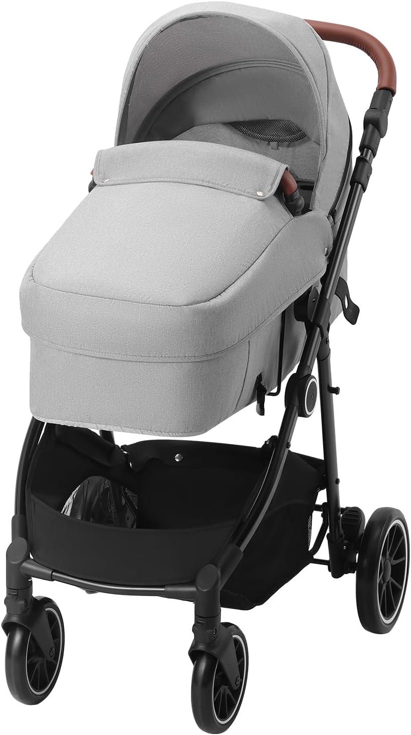 VEVOR Standard Baby Stroller, Infant Toddler Stroller with Bassinet, 3rd-Gear Adjustable Backrest & Foldable & Reversible Seat, Carbon Steel Newborn Stroller with Leg Cover and Mesh Net, Light Grey