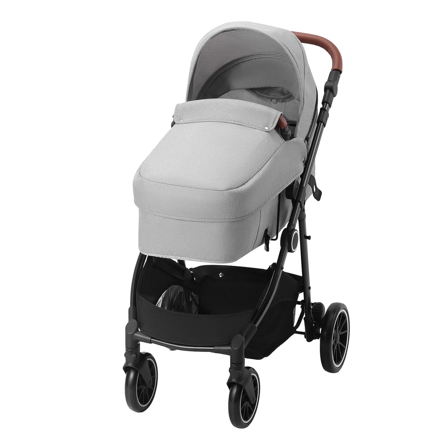 Light Gray All-Terrain Steel Bassinet Baby Stroller