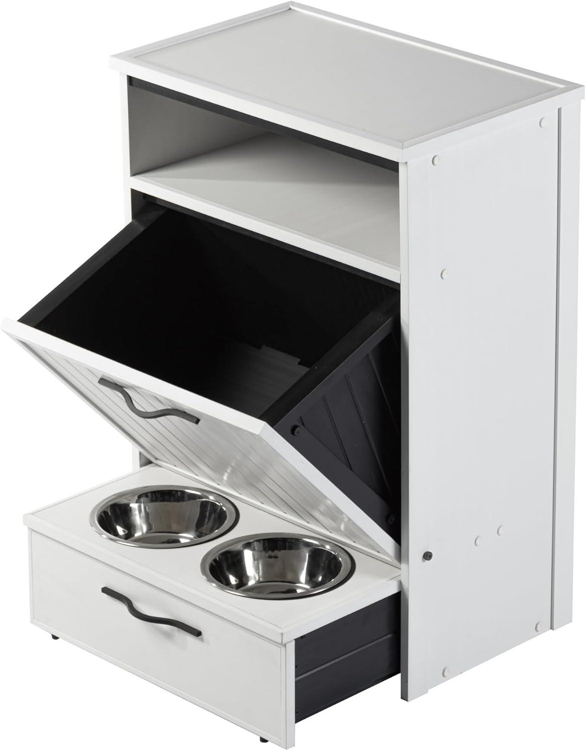 New Age Pet® ECOFLEX® Dog Food Pantry with Double Stainless Steel Bowls - Durable Composite, Includes 2x 32oz Bowls, Storage for 25 lbs of Dog Food, Easy Assembly, Moisture Resistant