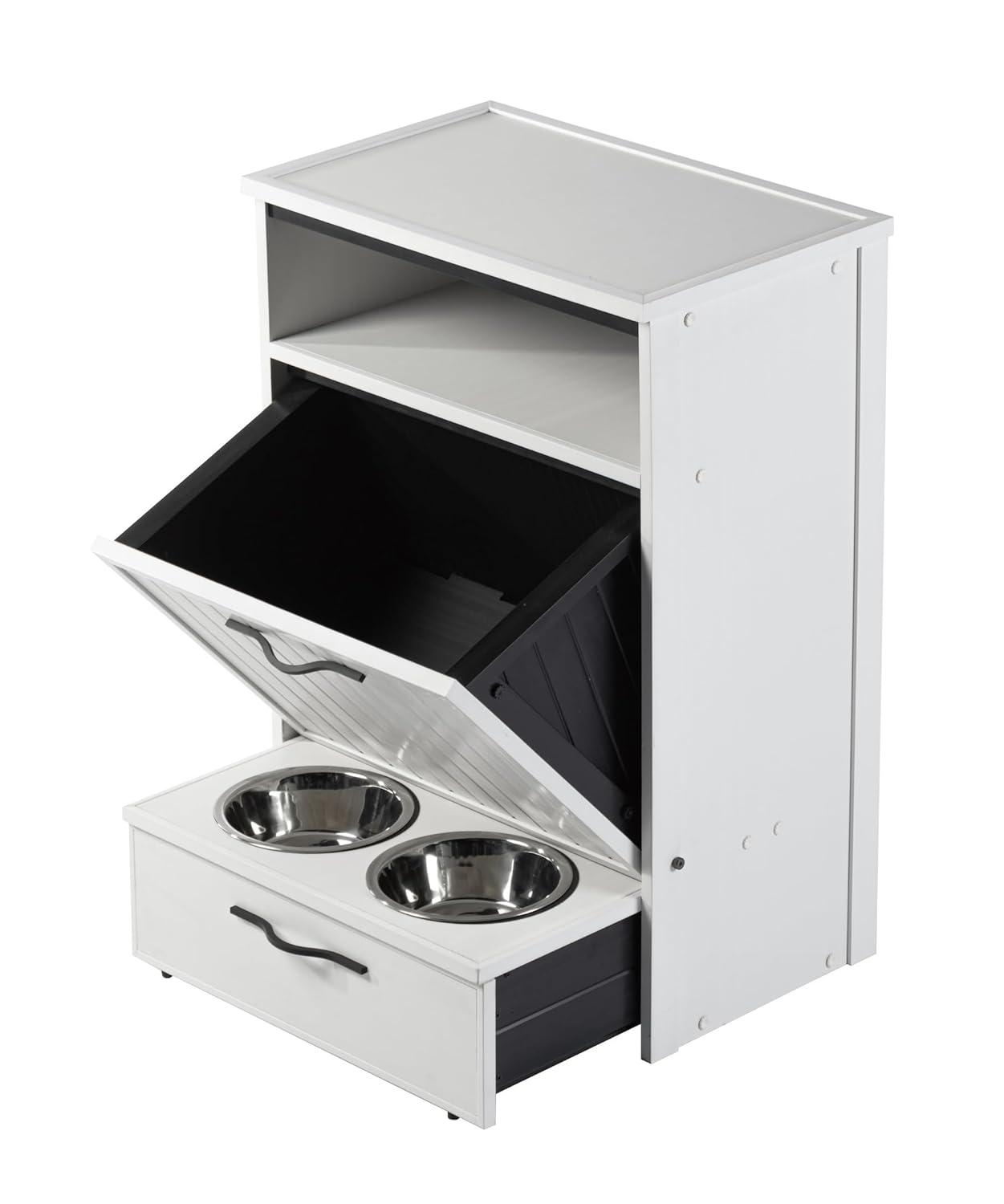 New Age Pet® ECOFLEX® Dog Food Pantry with Double Stainless Steel Bowls - Durable Composite, Includes 2x 32oz Bowls, Storage for 25 lbs of Dog Food, Easy Assembly, Moisture Resistant