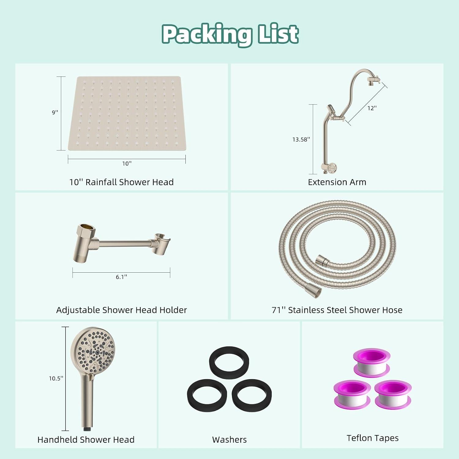 10'' High Pressure Rainfall Shower Head/Handheld Showerhead Combo with 12'' Adjustable Curved