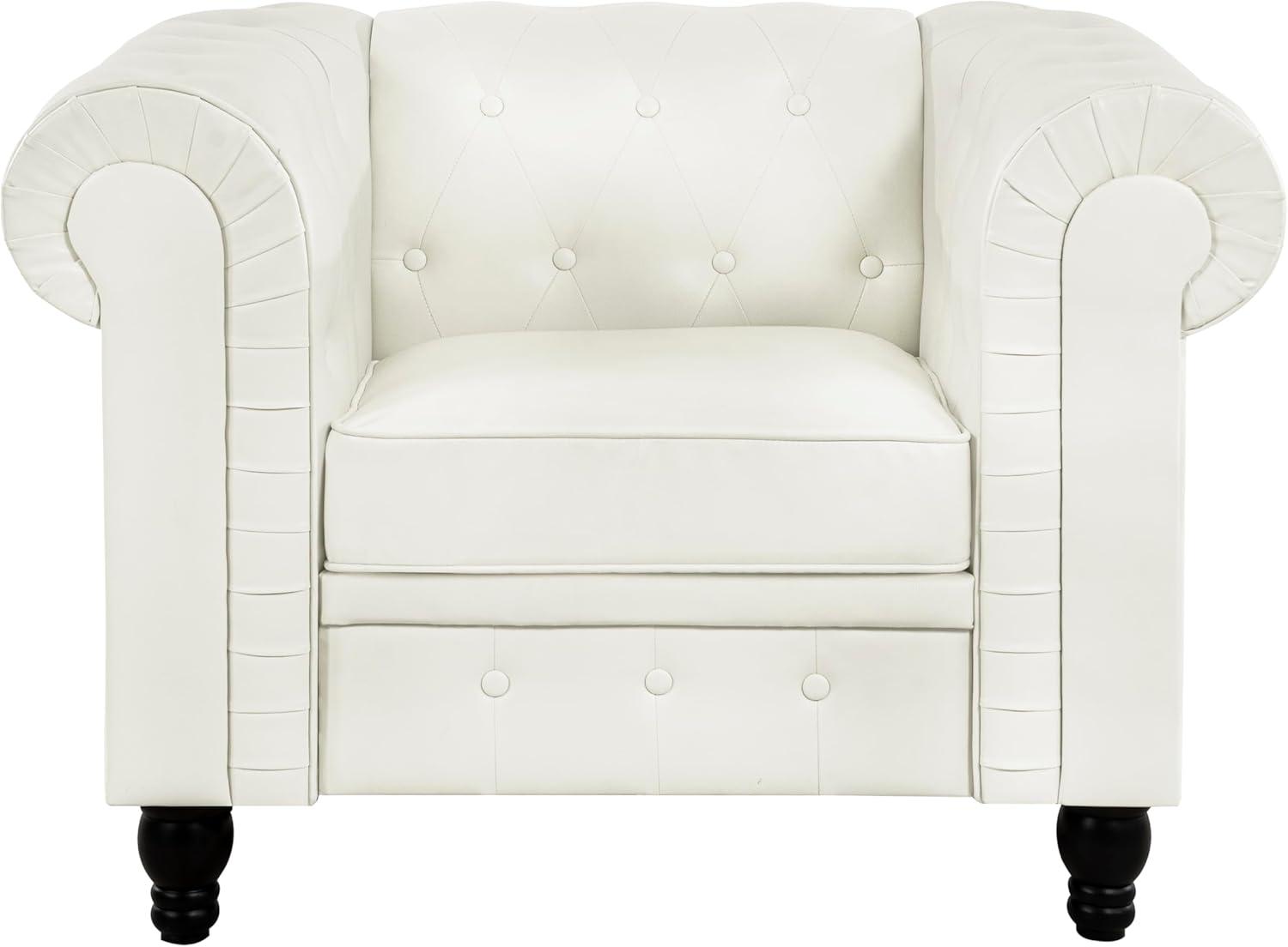 2 Piece Living Room Set, Faux Leather Chesterfield Loveseat & Chair, Deep Button Tufted with Rolled Arms, Home Furniture - Include 3-Seater Couch and Single Chair, White