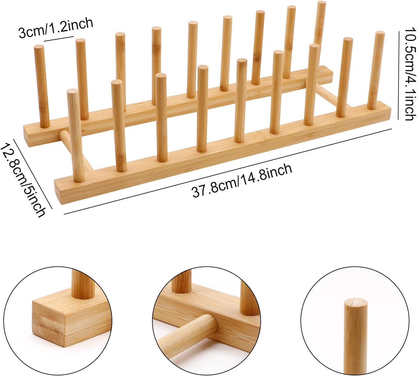 2Pcs Bamboo Dish Drying Rack, Plate Drainer Rack Storage Lid Holder, Stand Kitchen Cabinet Organizer for Dish, Plate, Bowl, Cup, Pot Lid, Book