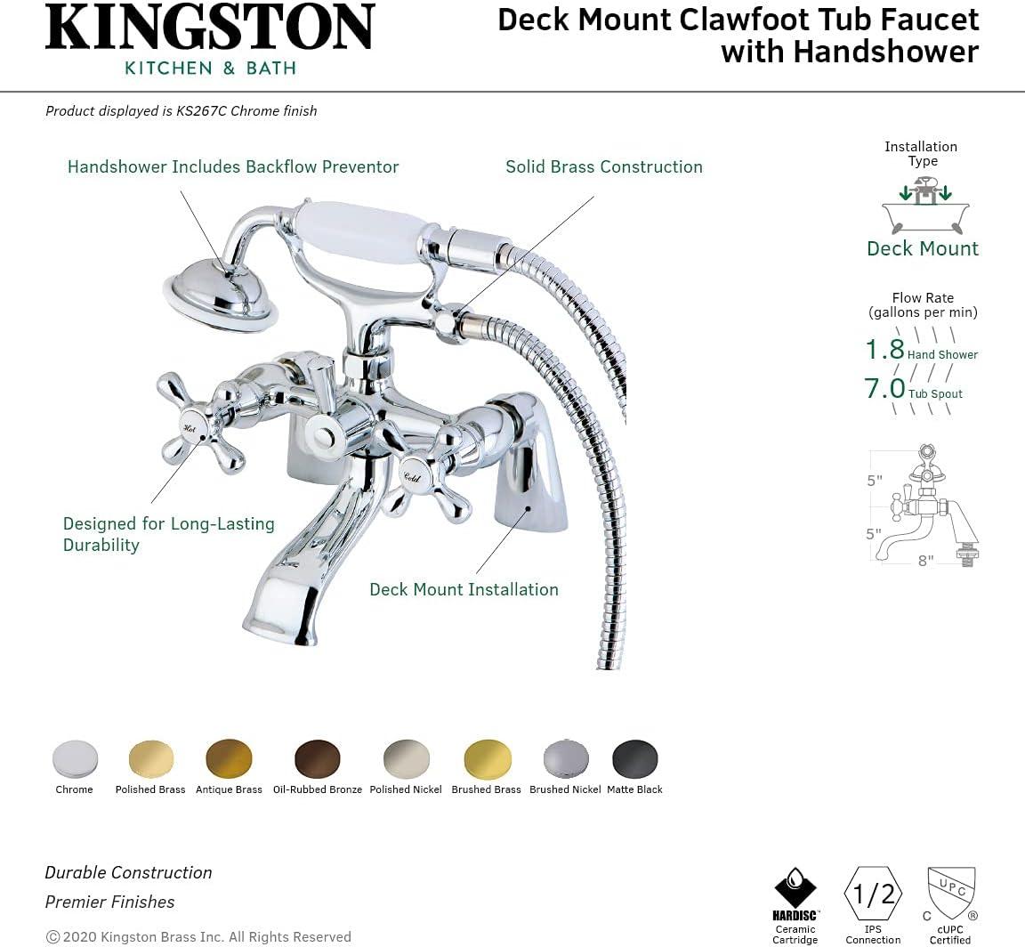 Kingston Brass Kingston Three-Handle 2-Hole Deck Mount Clawfoot Tub Faucet with Hand Shower