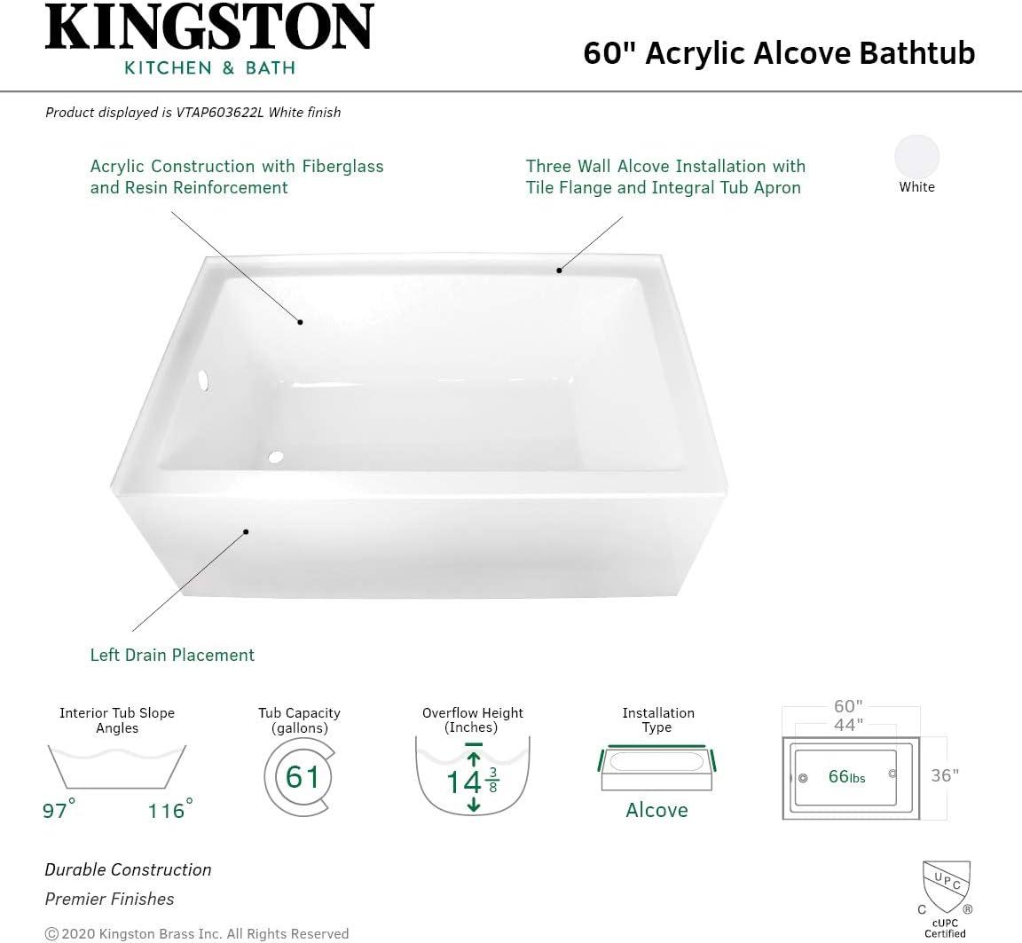 Kingston Brass Aqua Eden 60-Inch Acrylic Rectangular 3-Wall Alcove Tub