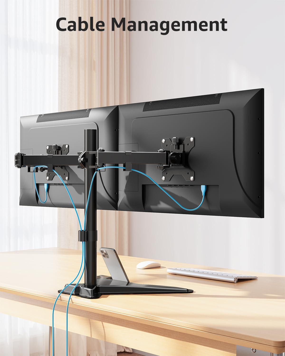 MOUNTUP Dual Monitor Stand - Freestanding & Height Adjustable Monitor Desk Mount, Steady VESA Mount Holds Max 17.6 lbs, Computer Monitor Stand for 2 Screens up to 27 inches, MU1002